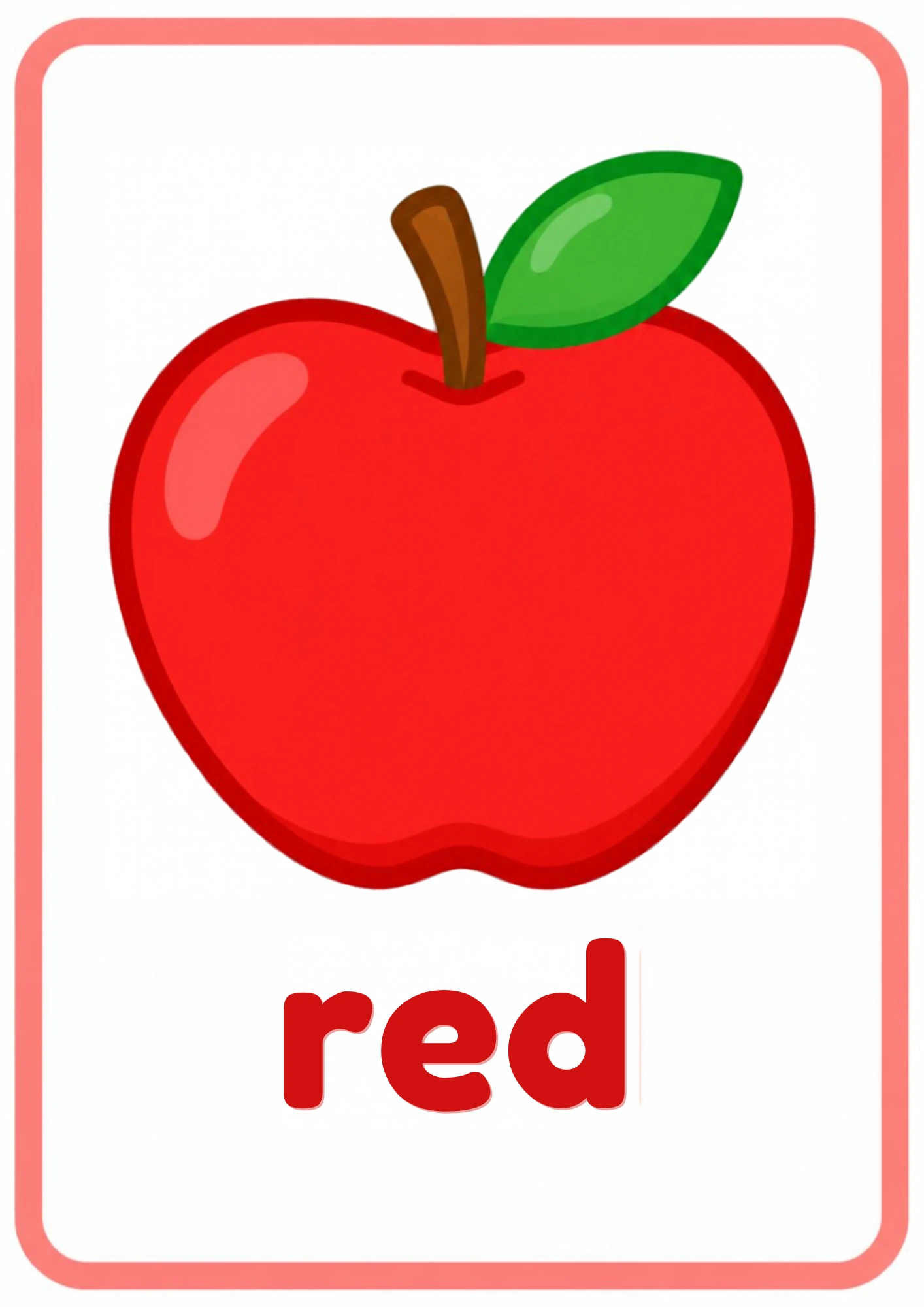 Red picture flashcard: a shiny red apple with a green leaf and the word red, from the Kiddo School colors set