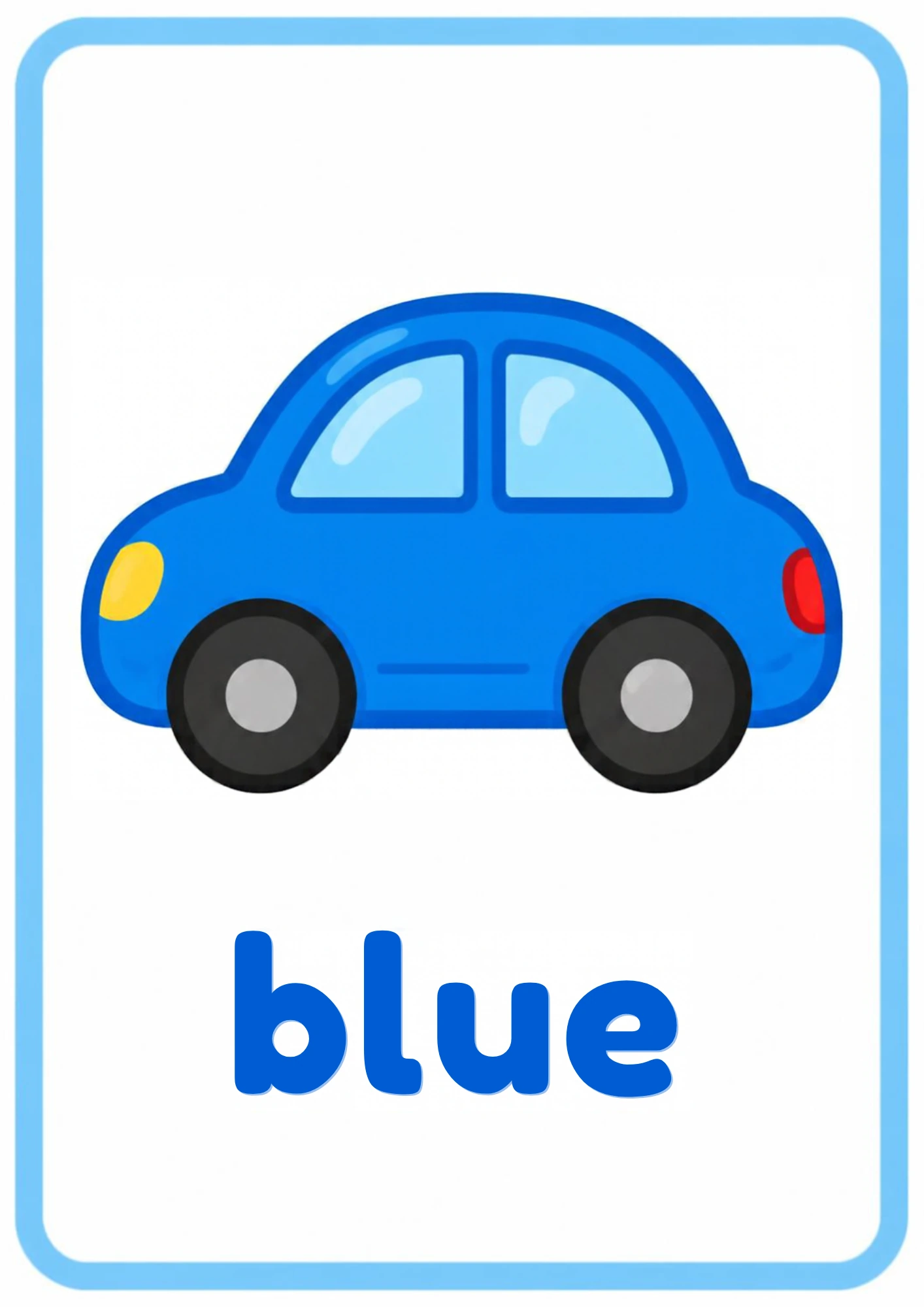 Blue picture flashcard: a little blue car with the word blue, from the Kiddo School colors set