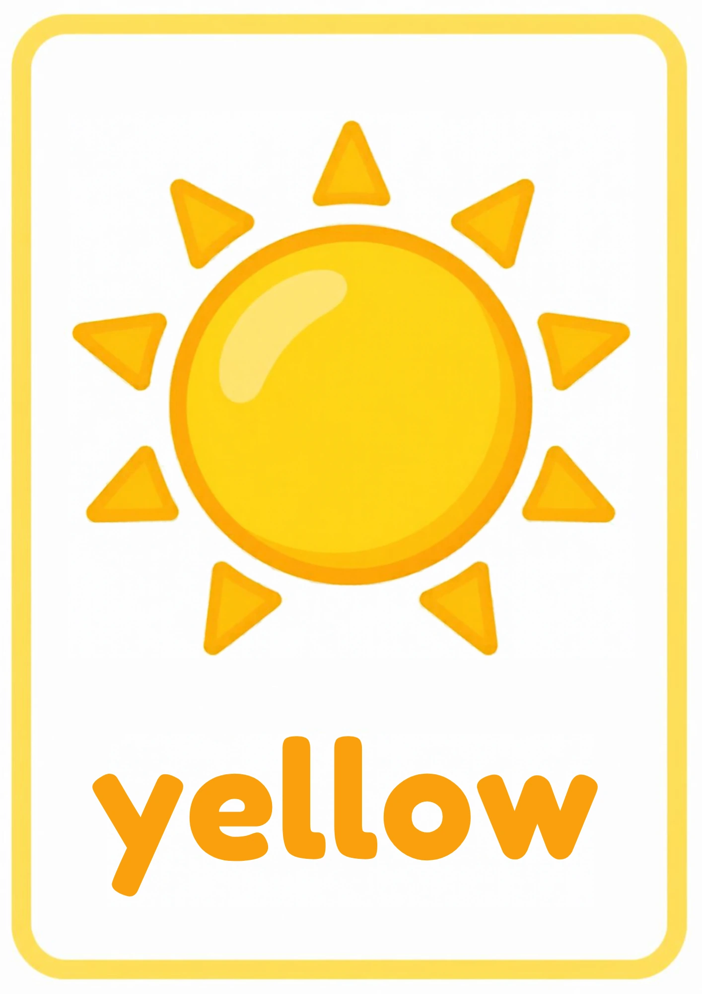 Yellow picture flashcard: a big smiling yellow sun with the word yellow, from the Kiddo School colors set