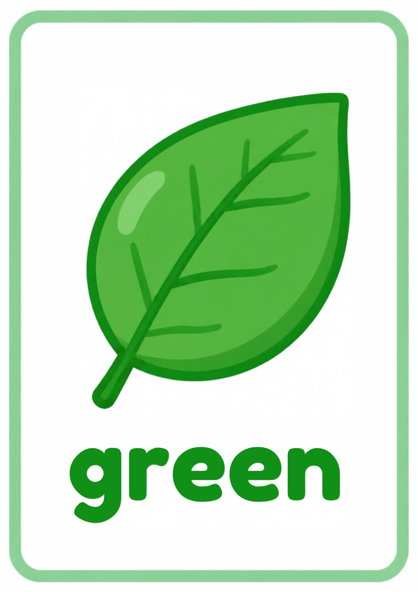 Green picture flashcard: one big green leaf with the word green, from the Kiddo School colors set
