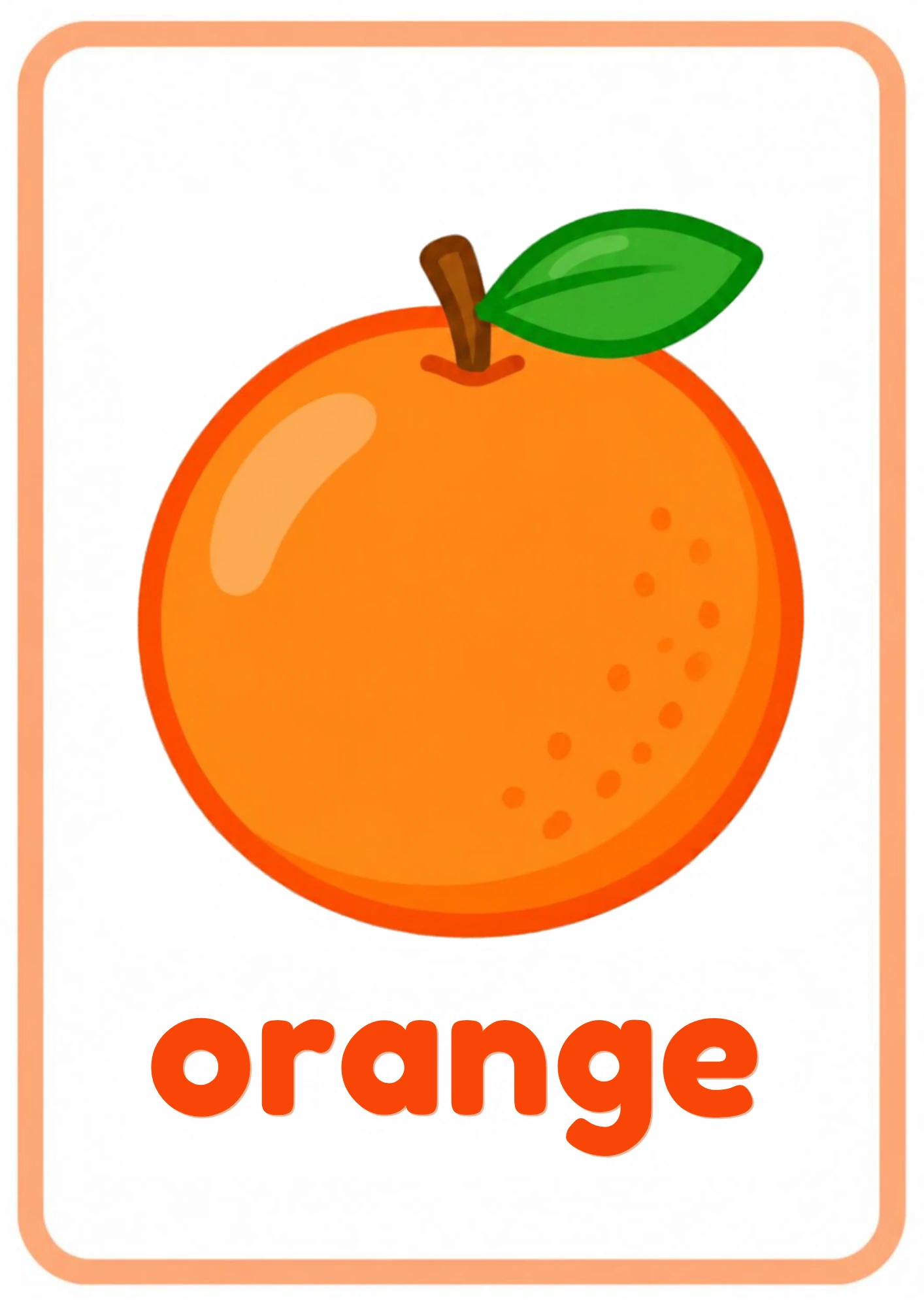 Orange picture flashcard: a round orange fruit with a green leaf and the word orange, from the Kiddo School colors set