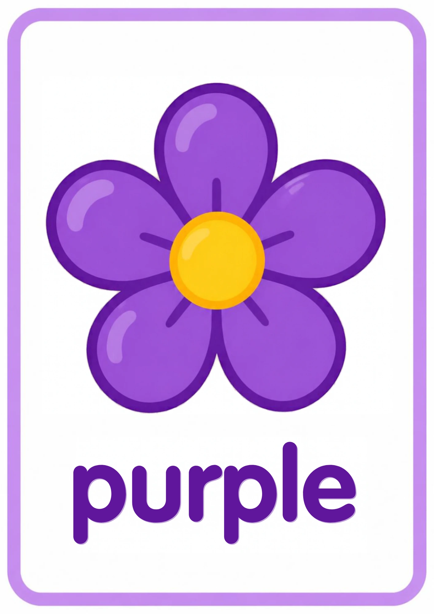 Purple picture flashcard: a five-petal purple flower with the word purple, from the Kiddo School colors set