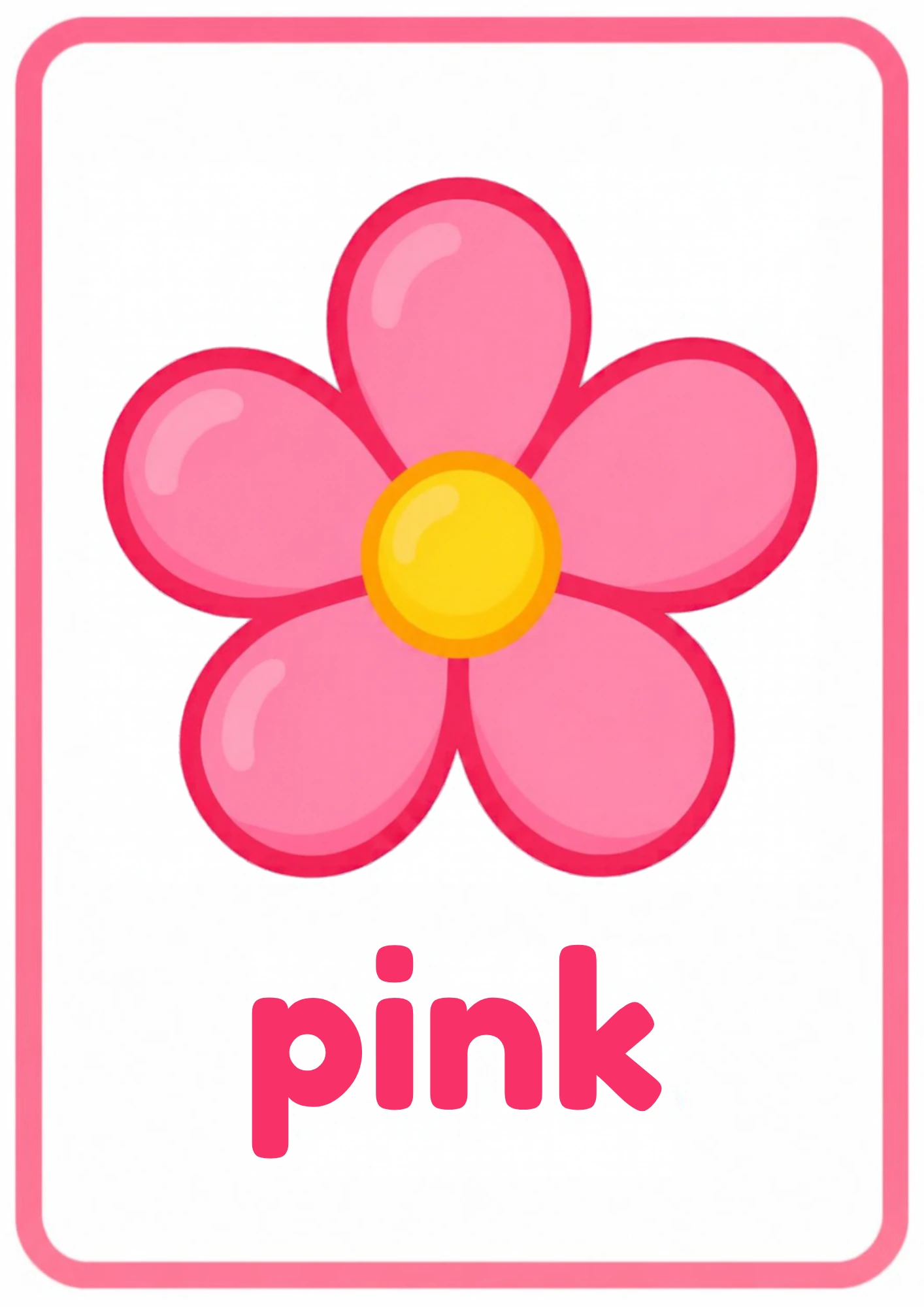 Pink picture flashcard: a five-petal pink flower with the word pink, from the Kiddo School colors set