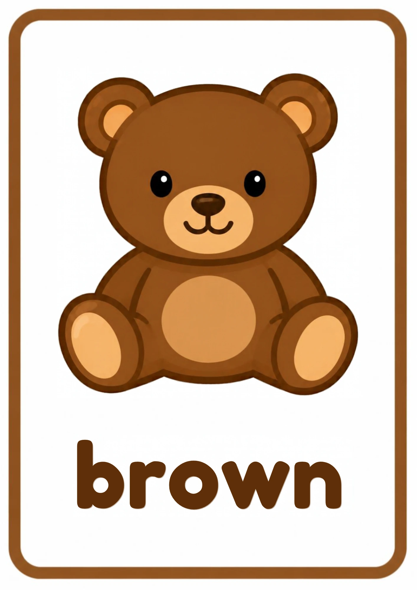 Brown picture flashcard: a smiling brown teddy bear with the word brown, from the Kiddo School colors set