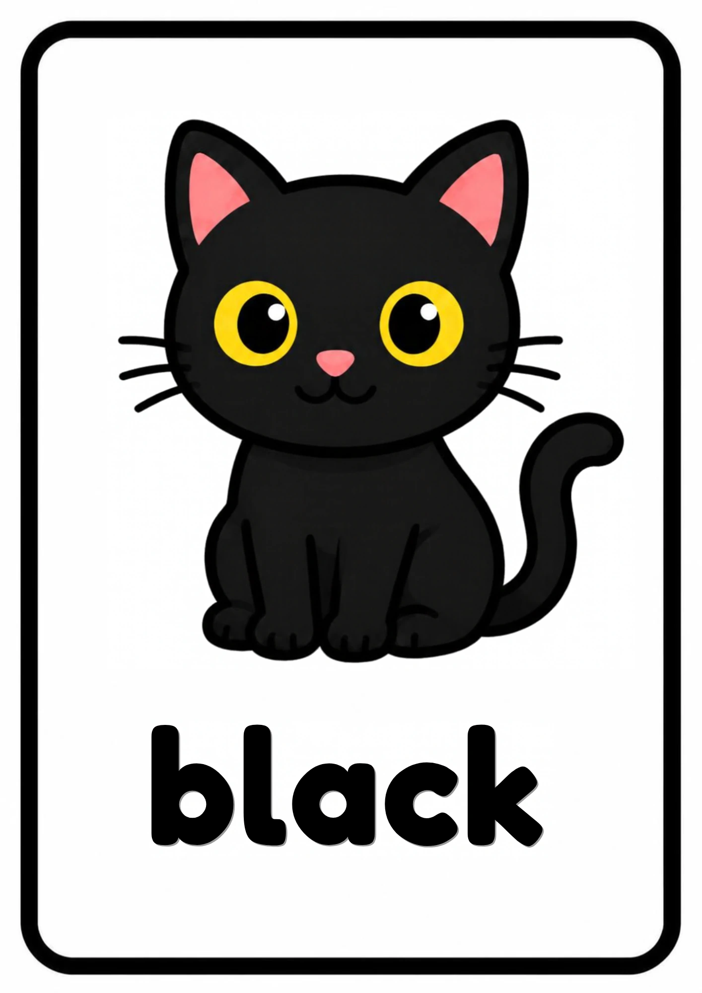 Black picture flashcard: a black cat with yellow eyes and the word black, from the Kiddo School colors set