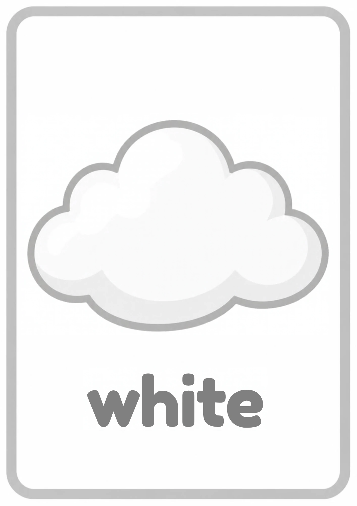 White picture flashcard: one puffy white cloud with the word white, from the Kiddo School colors set