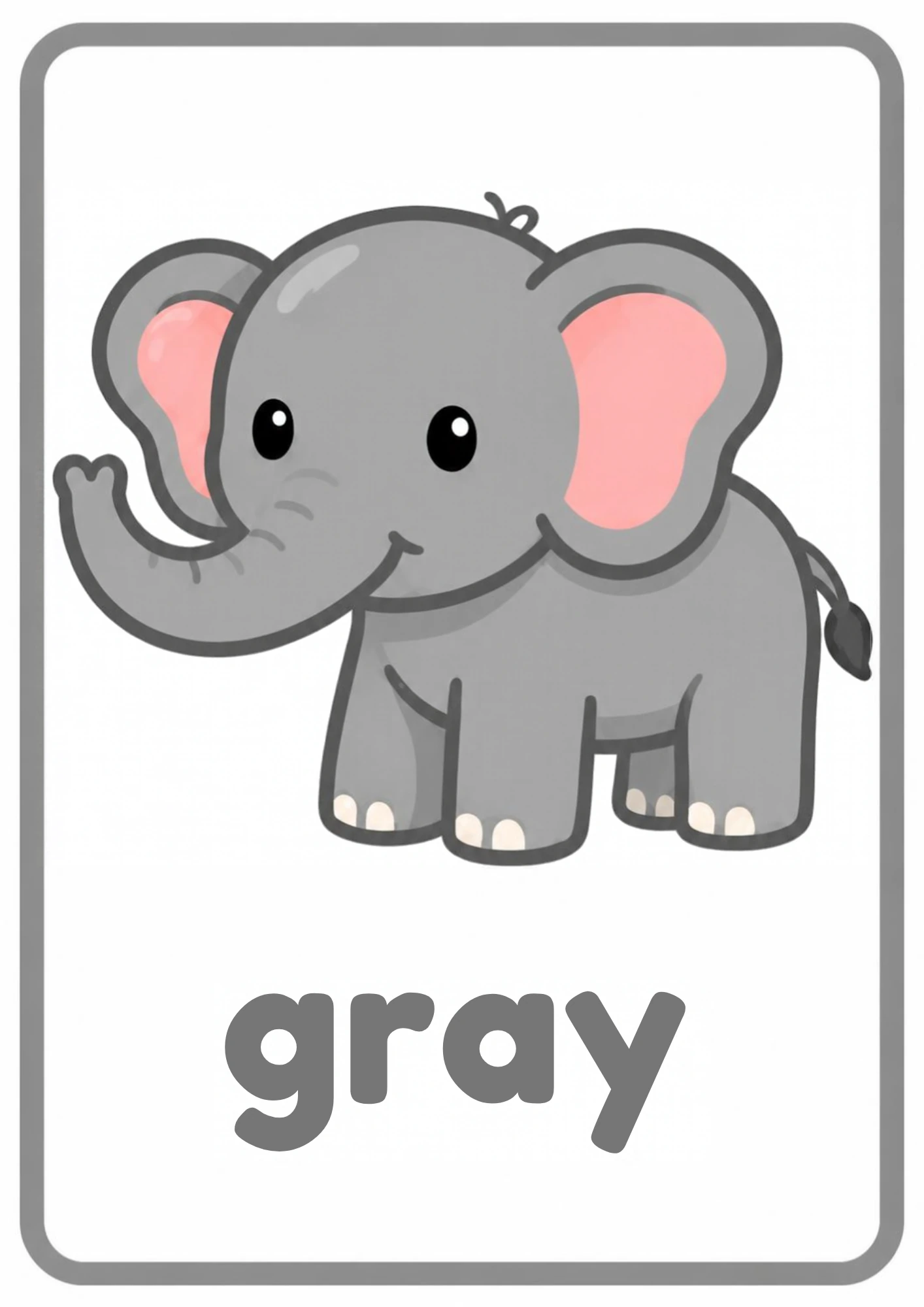 Gray picture flashcard: a gentle gray elephant with the word gray, from the Kiddo School colors set