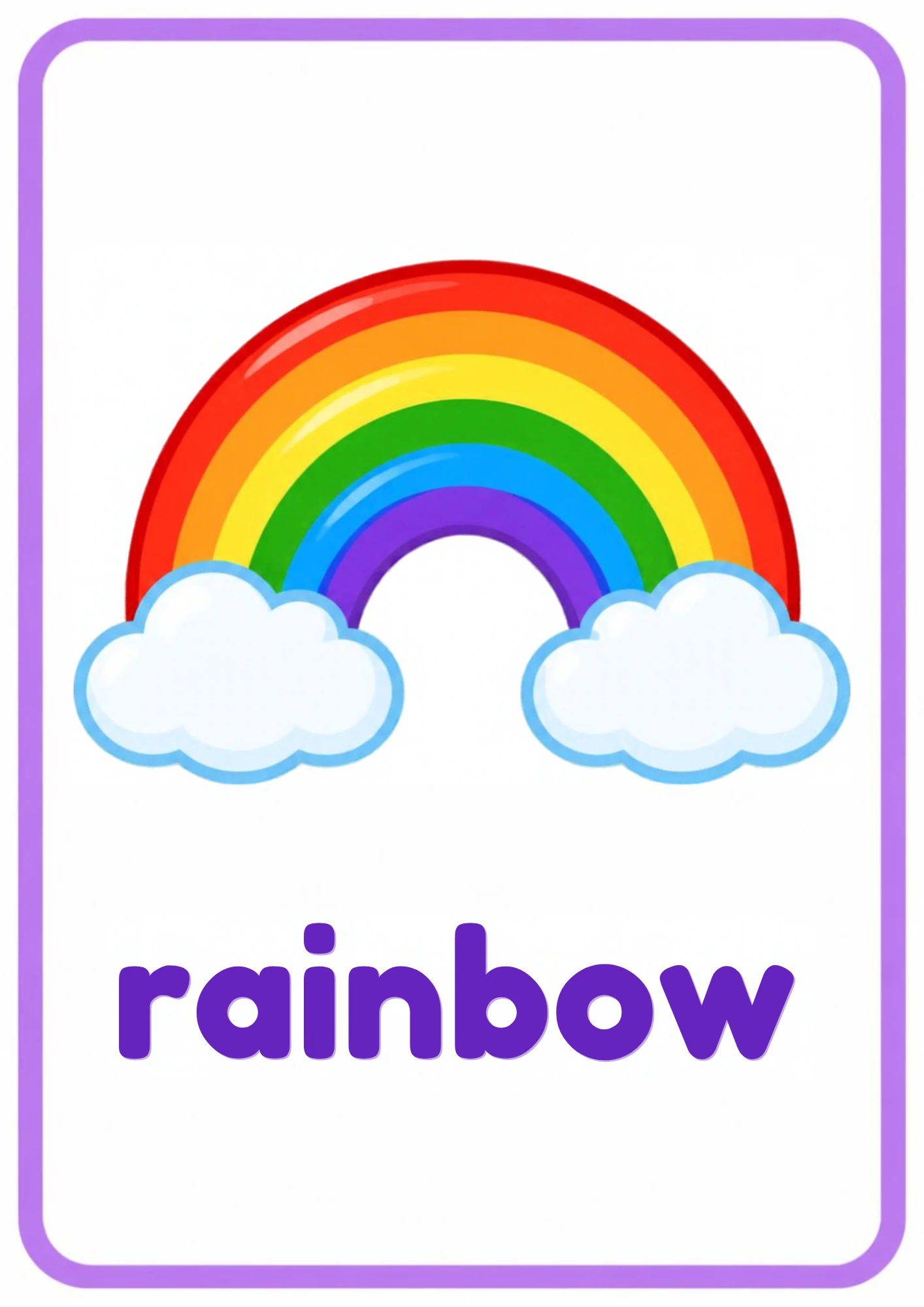 Rainbow picture flashcard: a big arched rainbow across the sky with the word rainbow, from the Kiddo School colors set