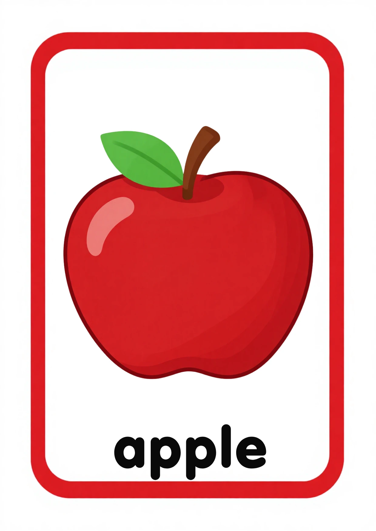 Fruit flashcard: a shiny red apple with a green leaf and the word apple, from the Kiddo School fruits and vegetables set