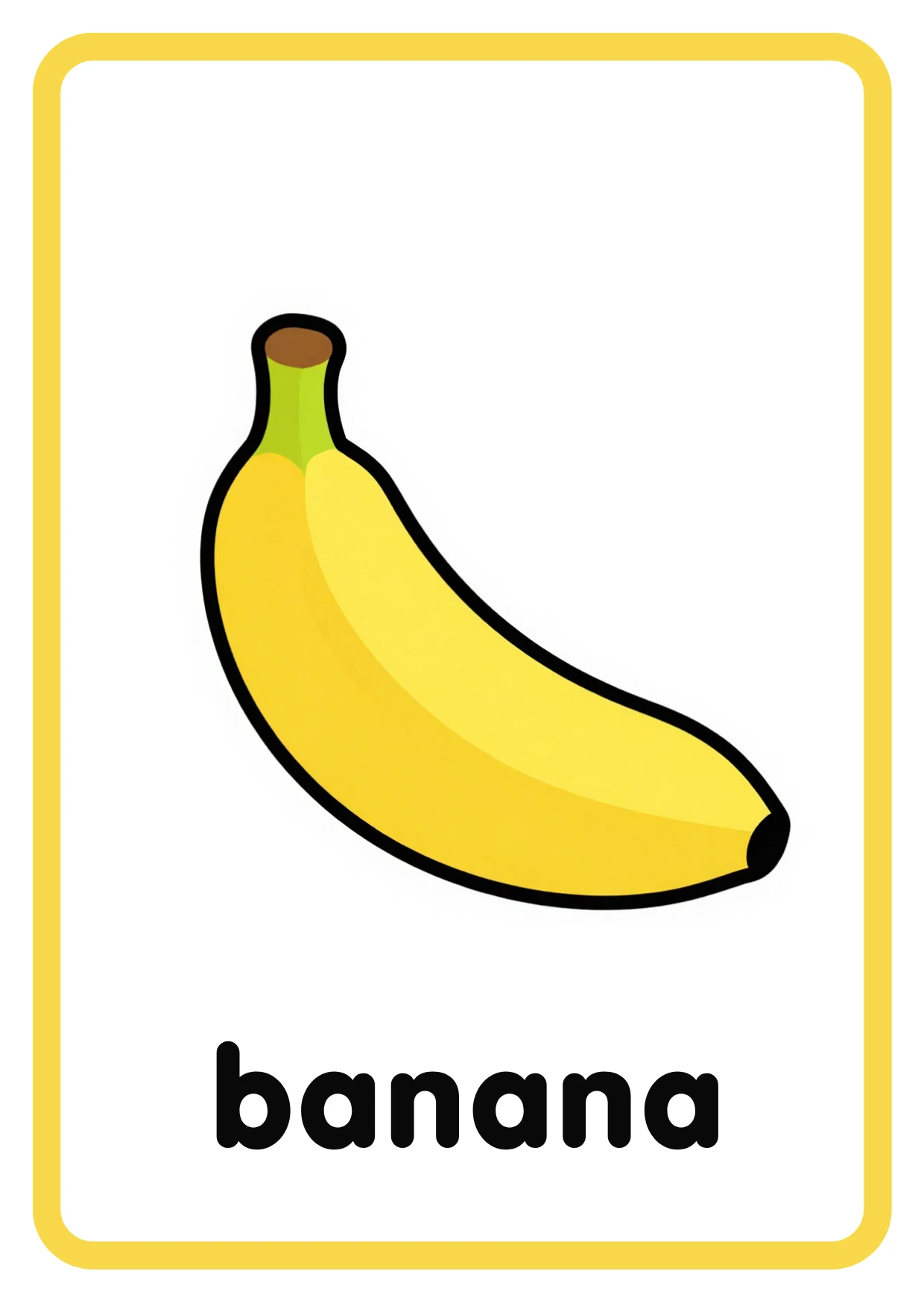 Fruit flashcard: a yellow banana and the word banana, from the Kiddo School fruits and vegetables set