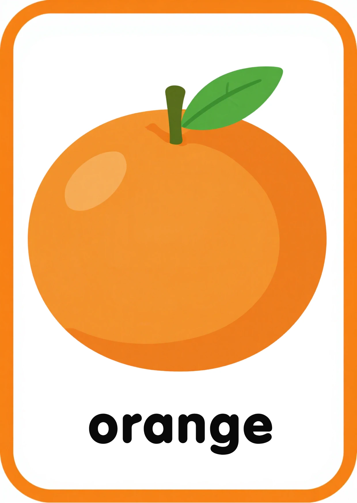 Fruit flashcard: a round orange with a green leaf and the word orange, from the Kiddo School fruits and vegetables set