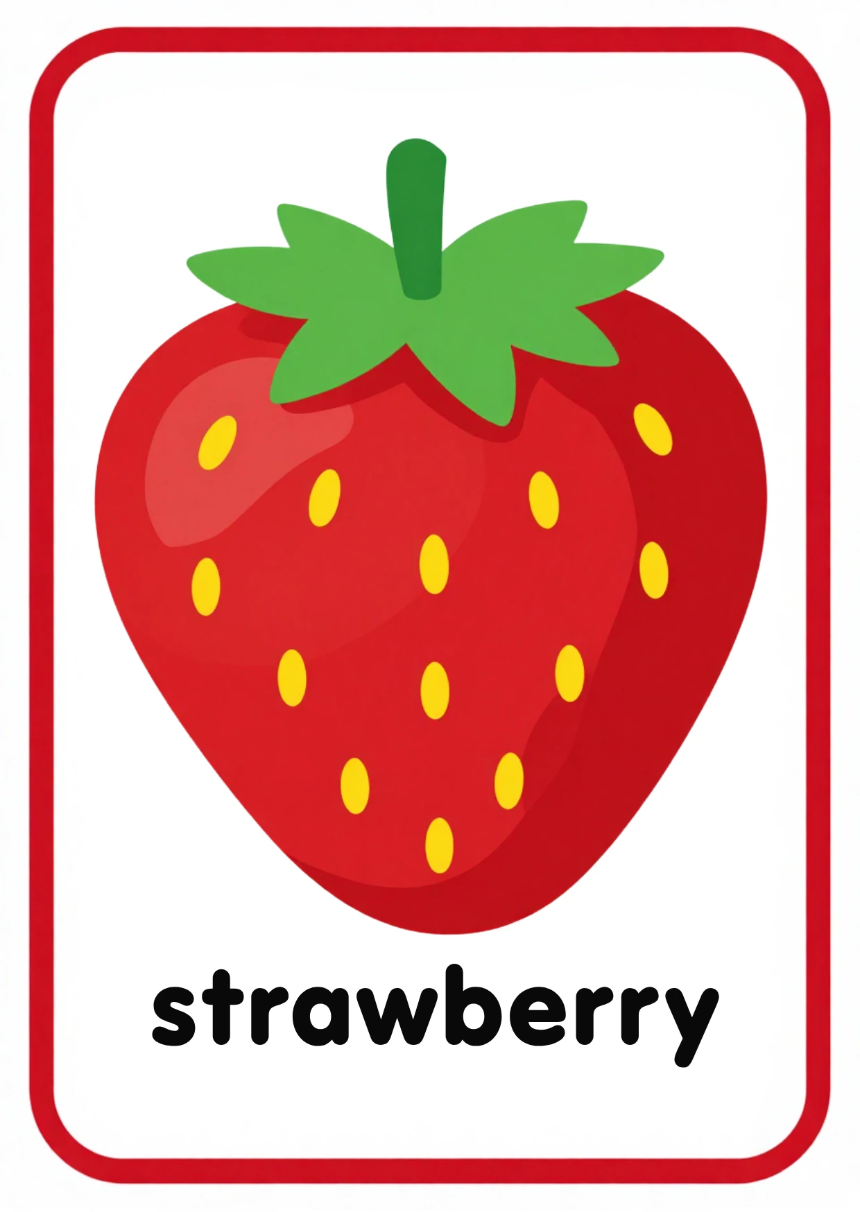Cover of the Fruits & Vegetables flashcards set: the owner’s bright red strawberry card with the word strawberry
