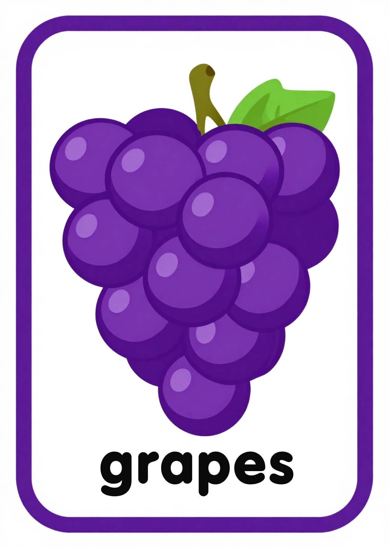 Fruit flashcard: a bunch of purple grapes and the word grapes, from the Kiddo School fruits and vegetables set