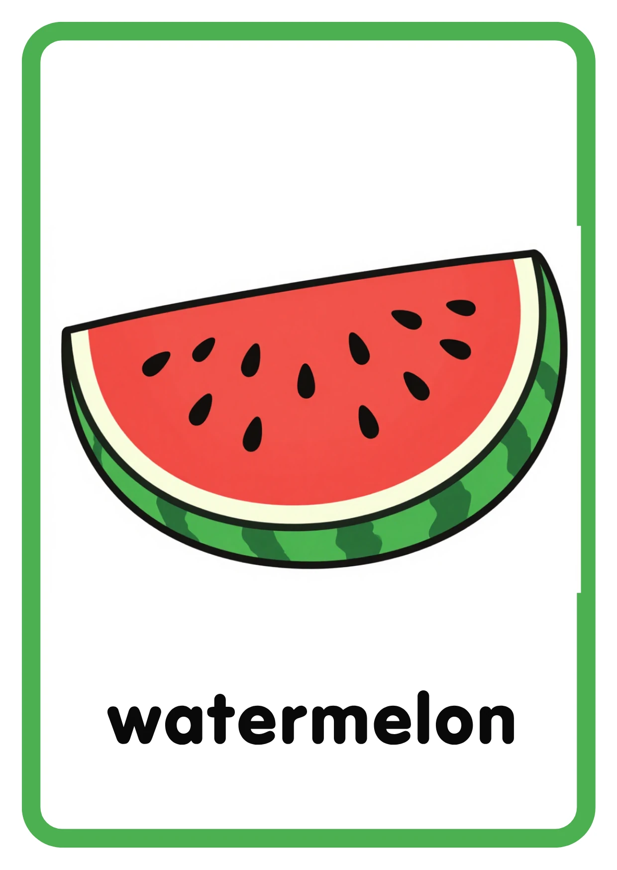 Fruit flashcard: a watermelon slice with green rind, red flesh and black seeds and the word watermelon, from the Kiddo School fruits and vegetables set