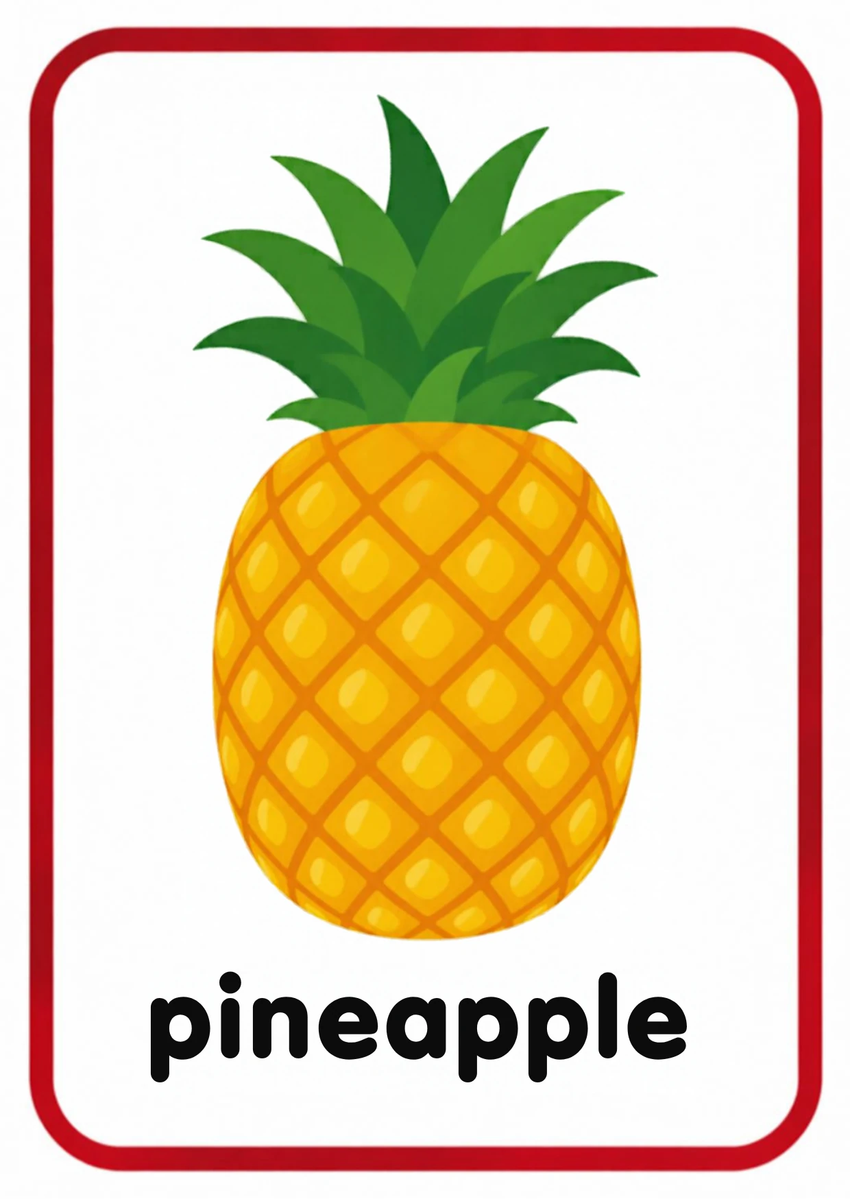 Fruit flashcard: a yellow pineapple with a spiky green crown and the word pineapple, from the Kiddo School fruits and vegetables set