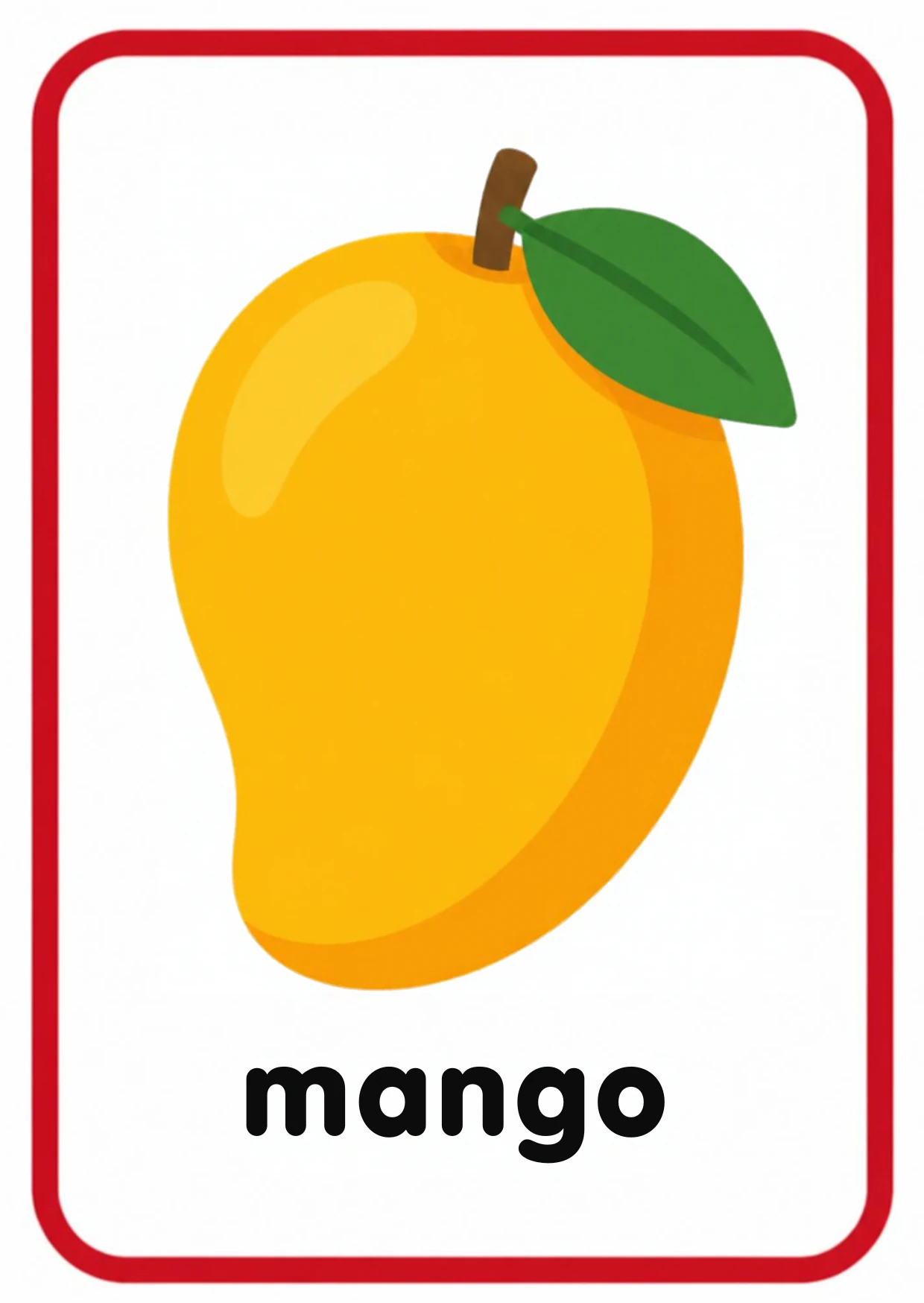 Fruit flashcard: a yellow-orange mango with a green leaf and the word mango, from the Kiddo School fruits and vegetables set