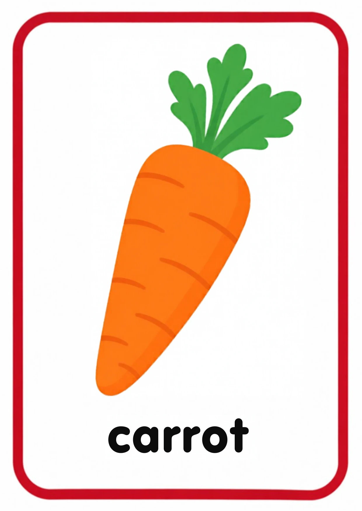 Vegetable flashcard: an orange carrot with a green leafy top and the word carrot, from the Kiddo School fruits and vegetables set