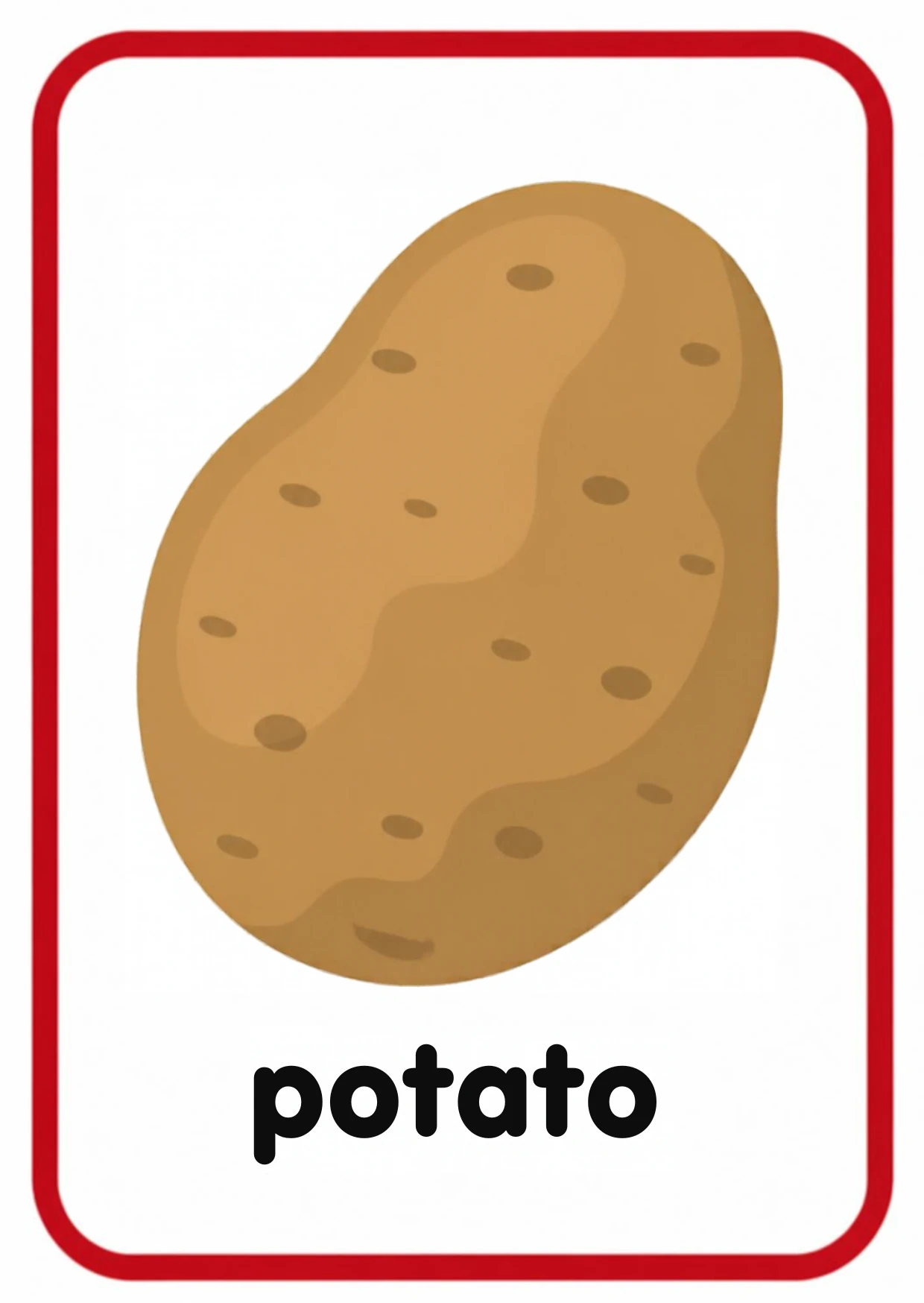 Vegetable flashcard: a brown potato with little spots and the word potato, from the Kiddo School fruits and vegetables set