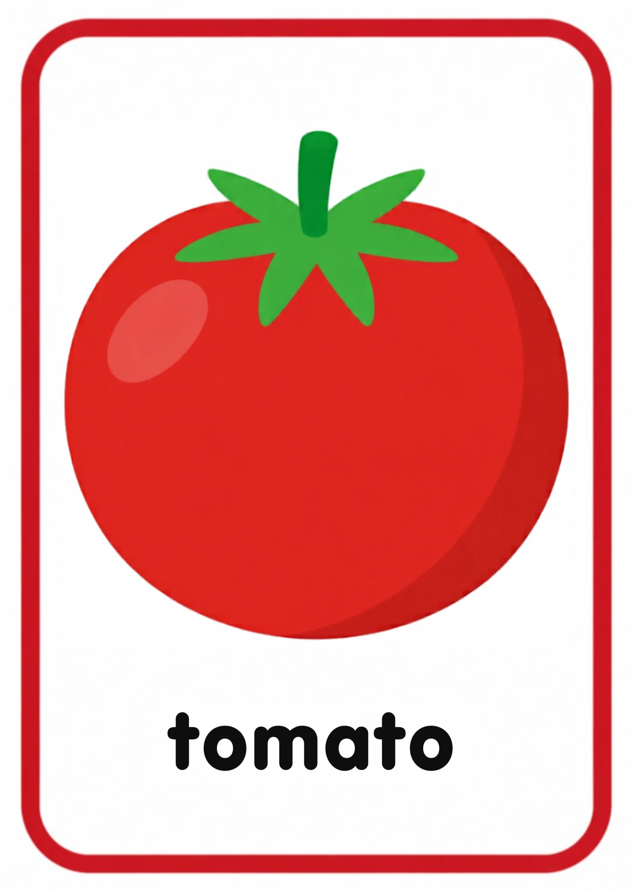 Vegetable flashcard: a round red tomato with a green stem and the word tomato, from the Kiddo School fruits and vegetables set