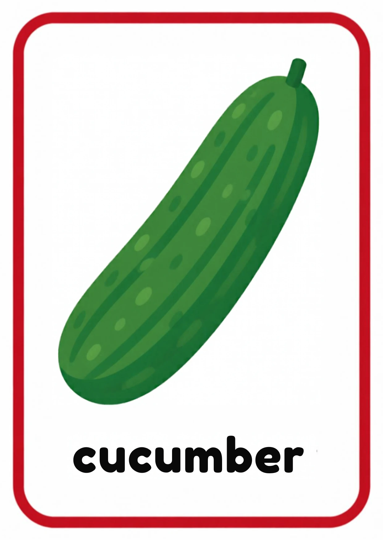Vegetable flashcard: a long green cucumber and the word cucumber, from the Kiddo School fruits and vegetables set