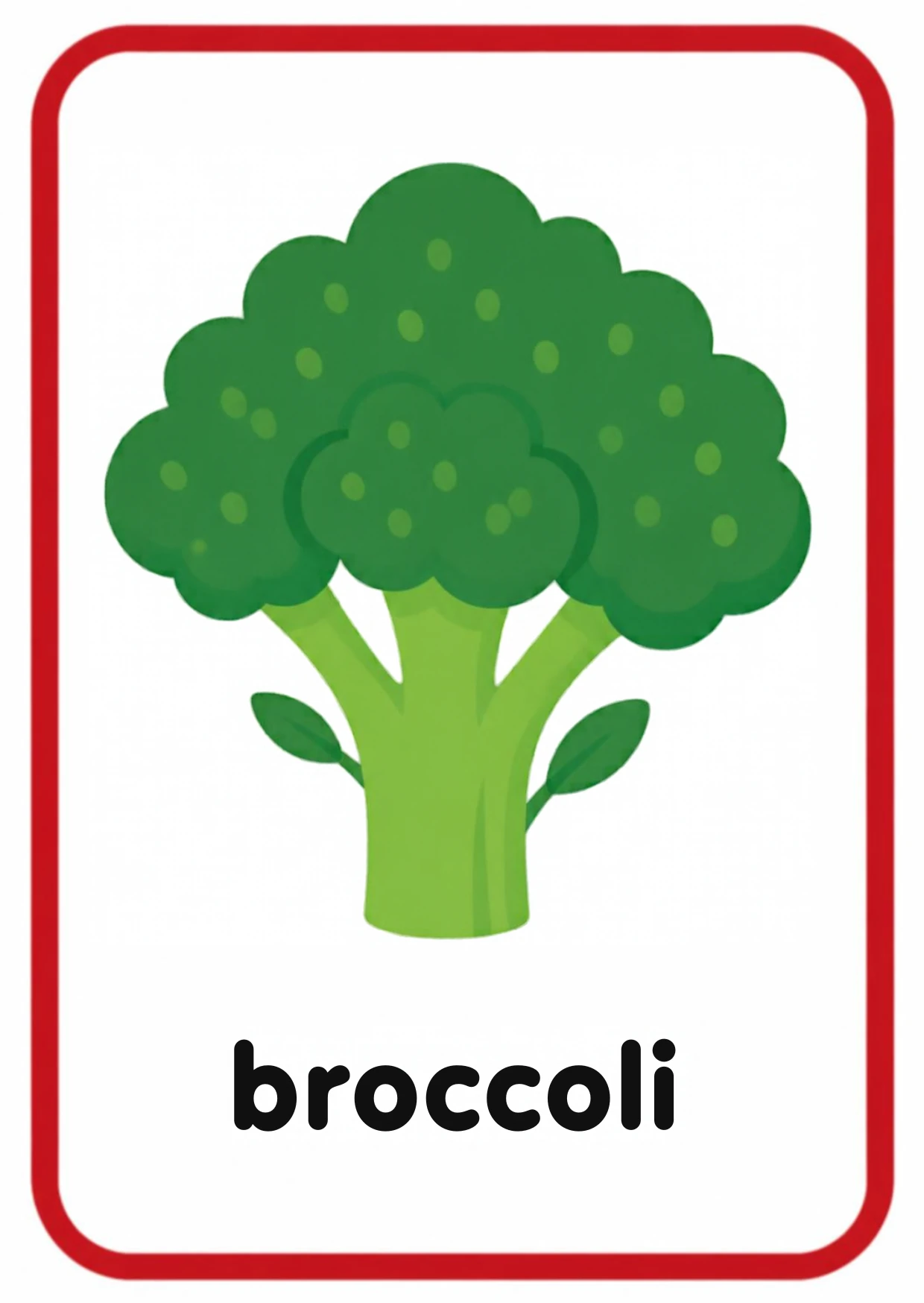 Vegetable flashcard: a green broccoli tree and the word broccoli, from the Kiddo School fruits and vegetables set