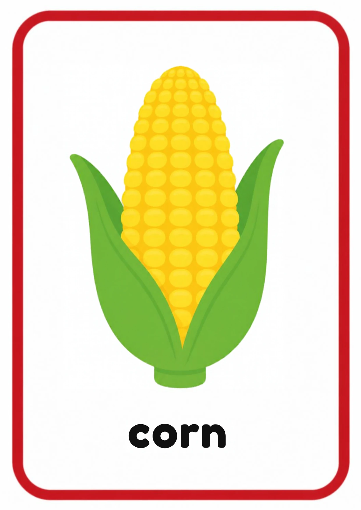 Vegetable flashcard: a yellow corn cob with green husk leaves and the word corn, from the Kiddo School fruits and vegetables set