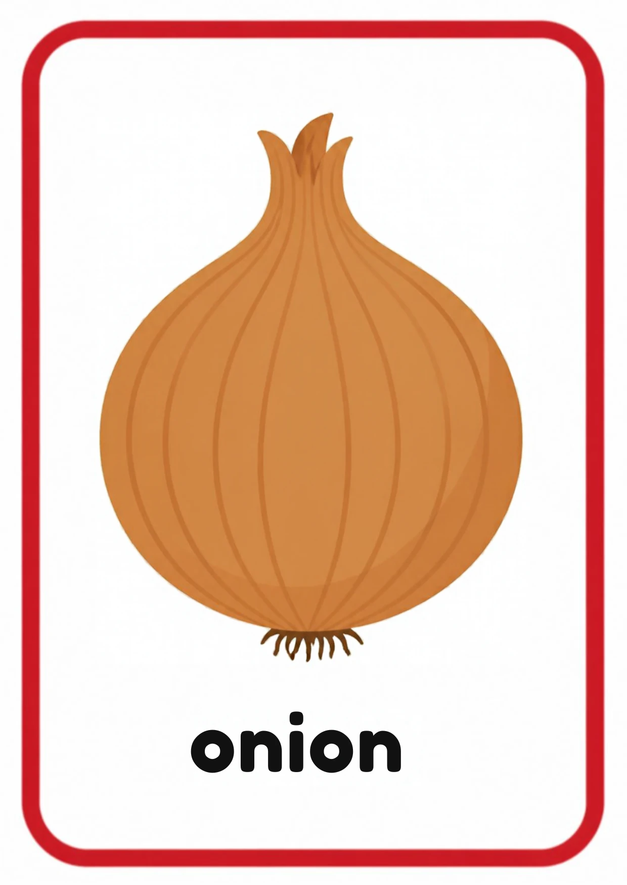 Vegetable flashcard: a round brown onion and the word onion, from the Kiddo School fruits and vegetables set