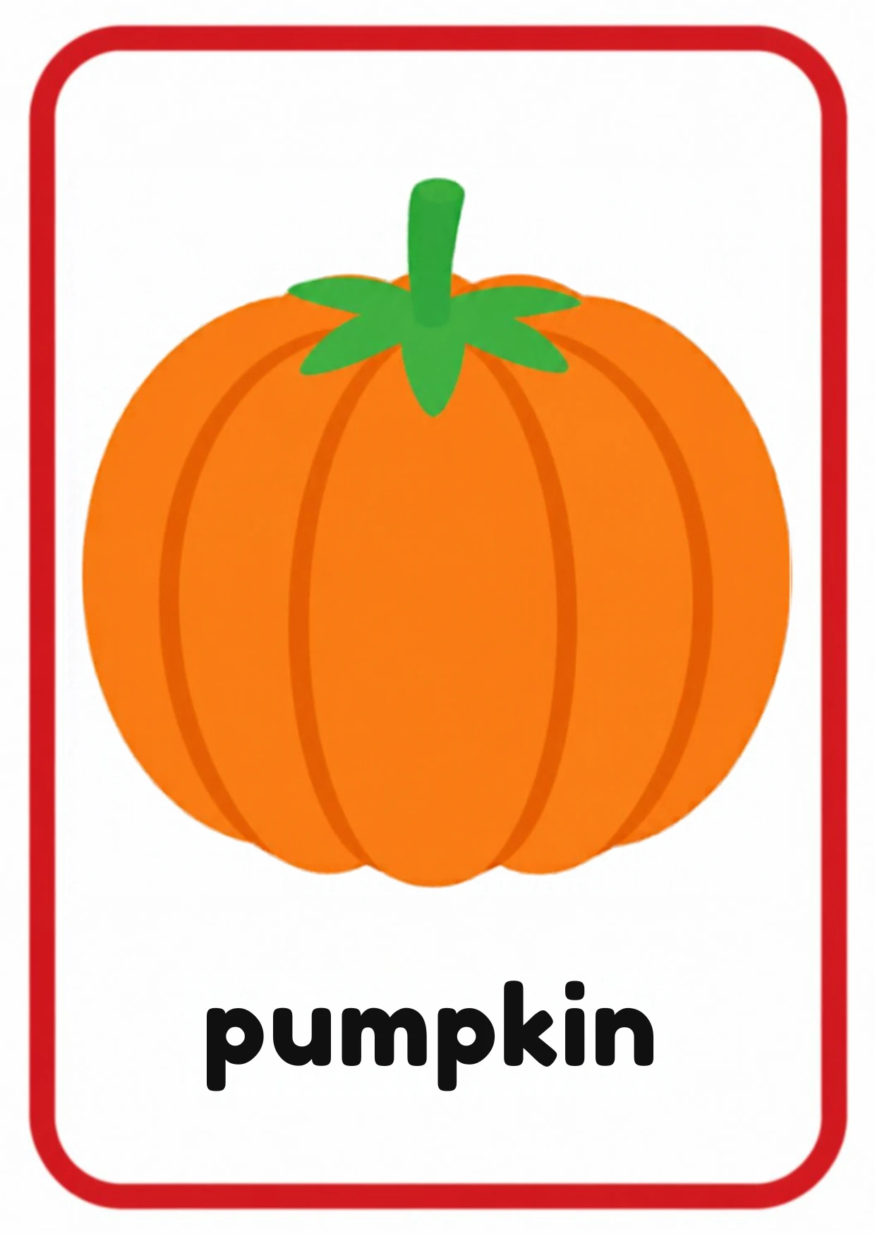 Vegetable flashcard: a big orange pumpkin with a stem and the word pumpkin, from the Kiddo School fruits and vegetables set