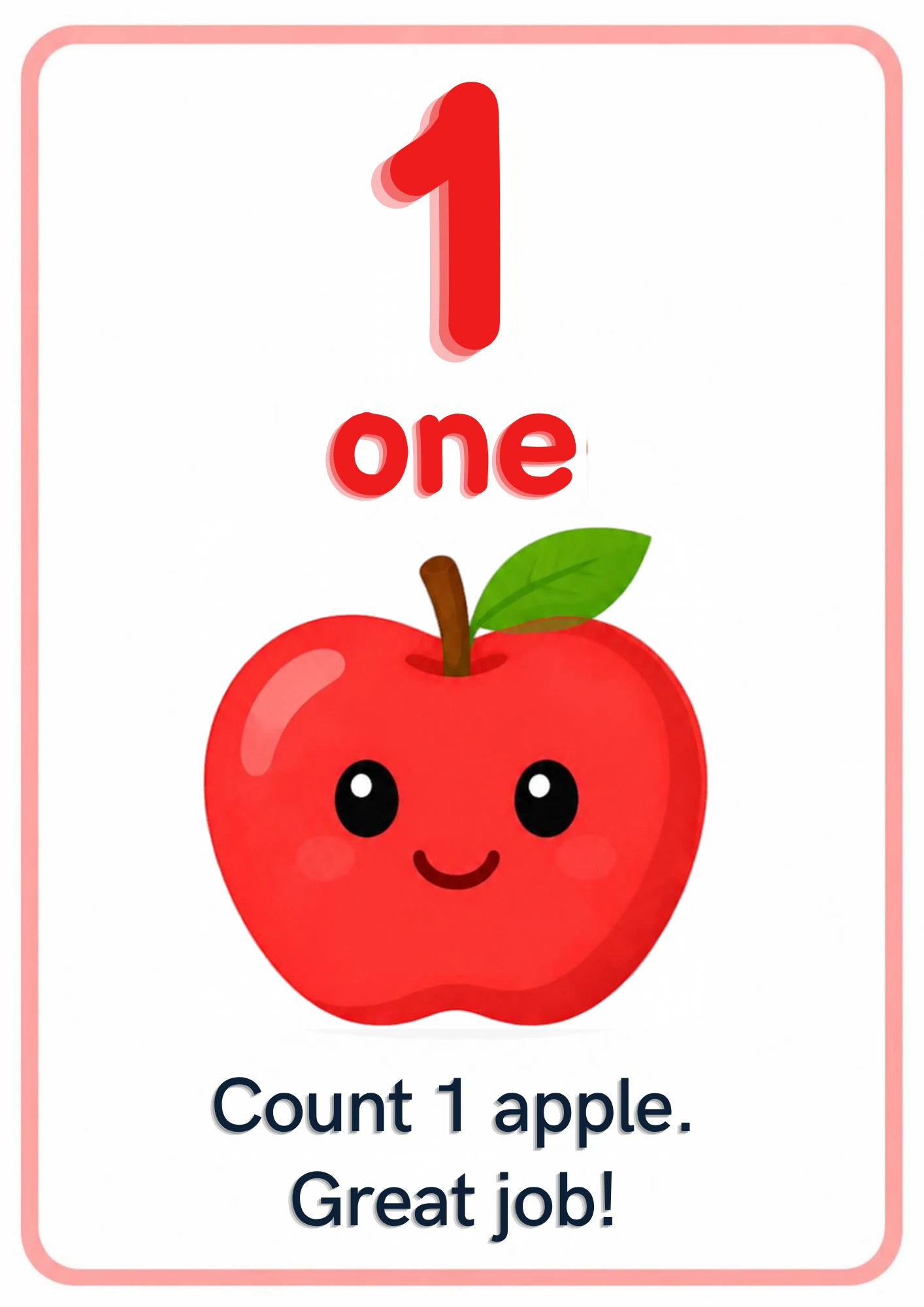 Number flashcard for 1: a big red numeral 1, the word one and one smiling cartoon apple, from the Kiddo School counting set