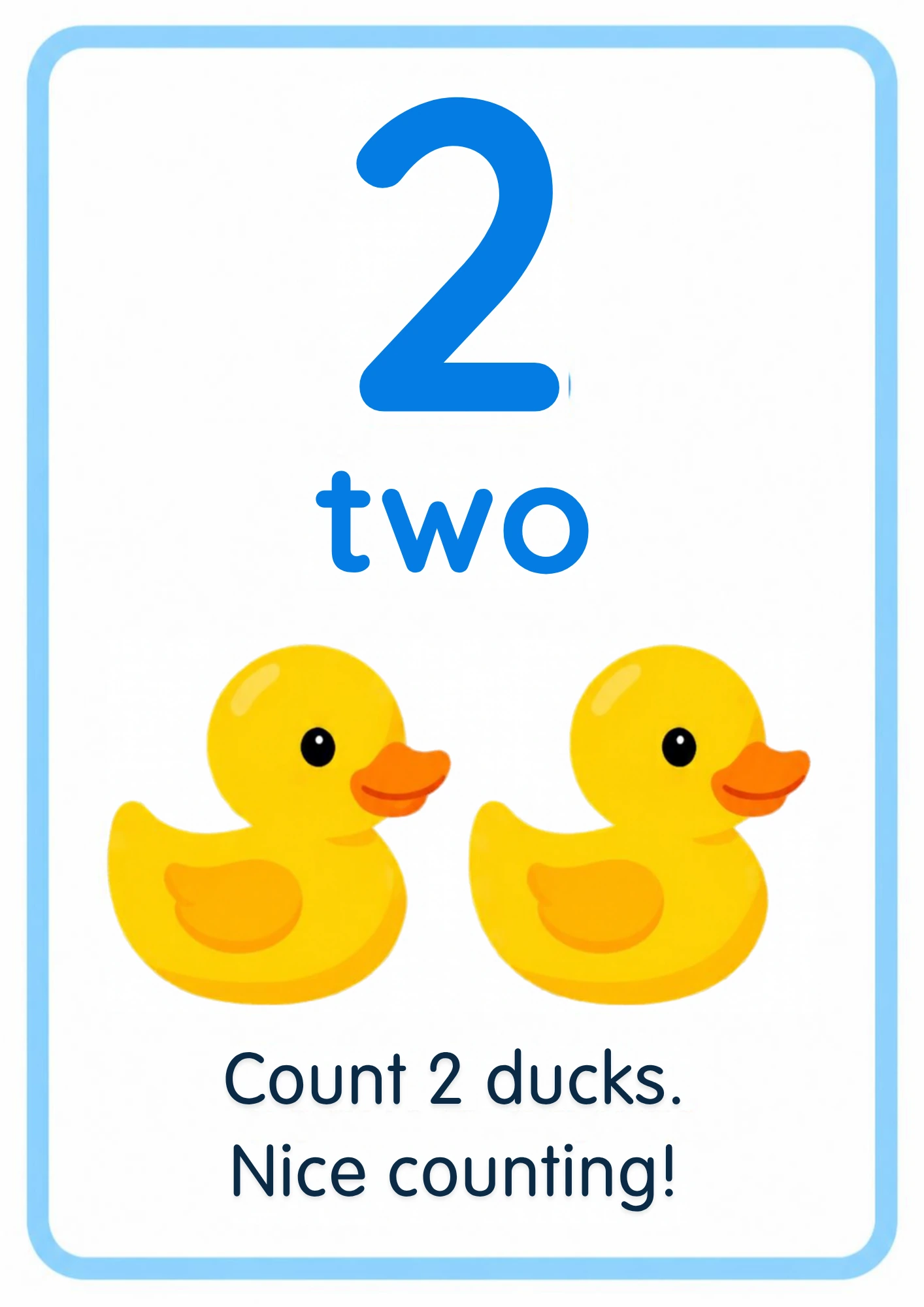 Number flashcard for 2: a big blue numeral 2, the word two and two yellow rubber ducks, from the Kiddo School counting set