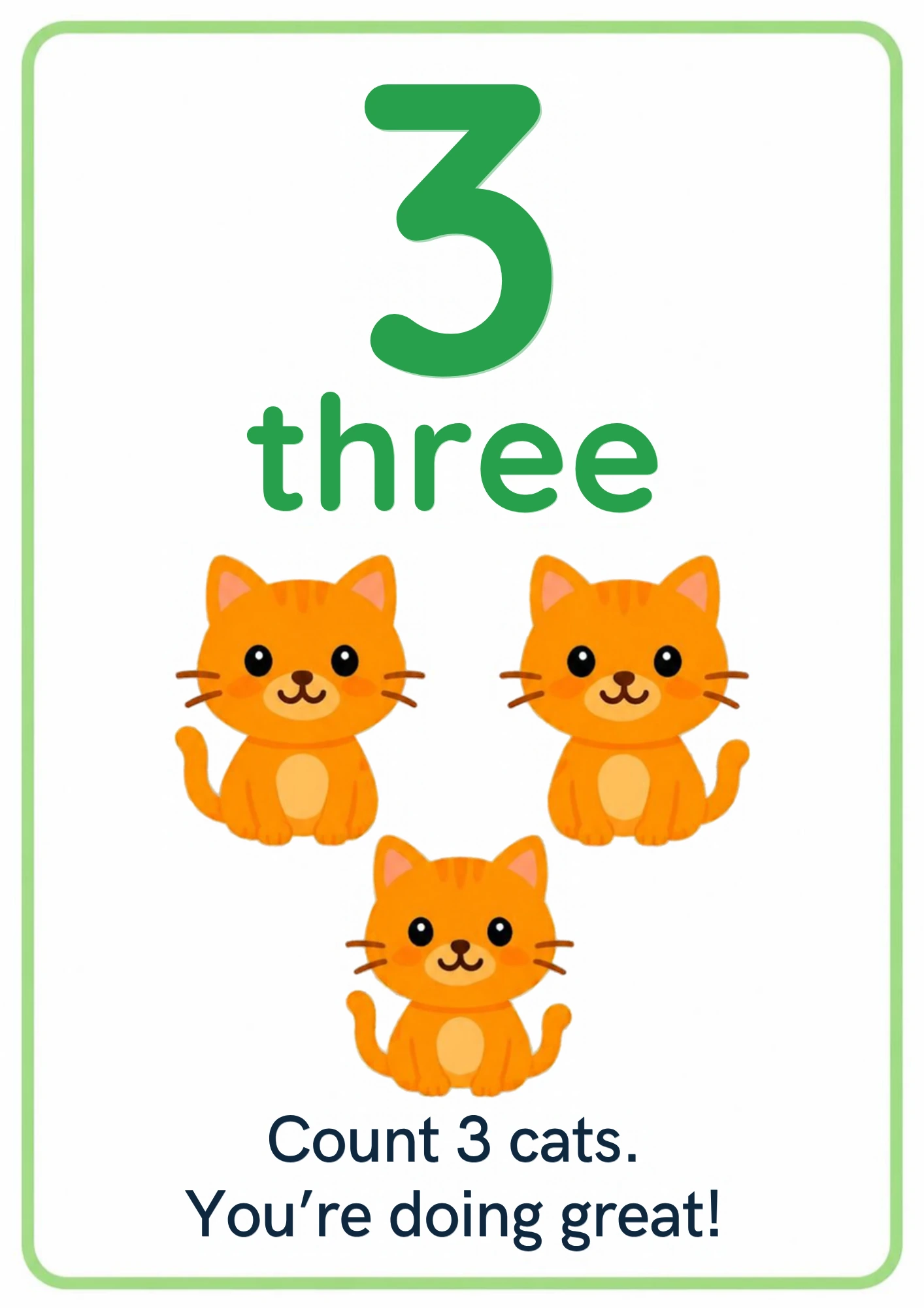 Number flashcard for 3: a big green numeral 3, the word three and three orange cats, from the Kiddo School counting set