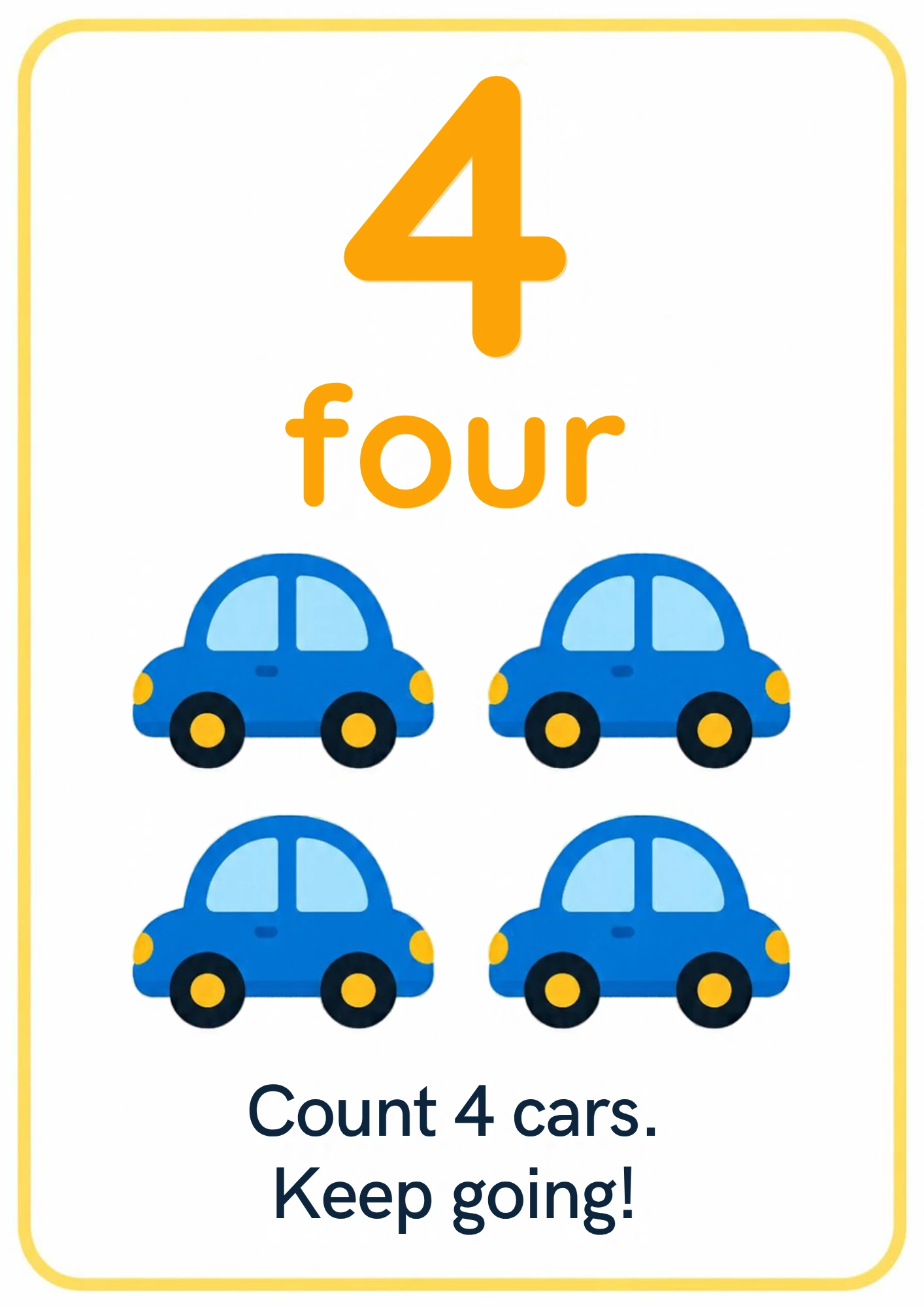Number flashcard for 4: a big orange numeral 4, the word four and four little blue cars, from the Kiddo School counting set