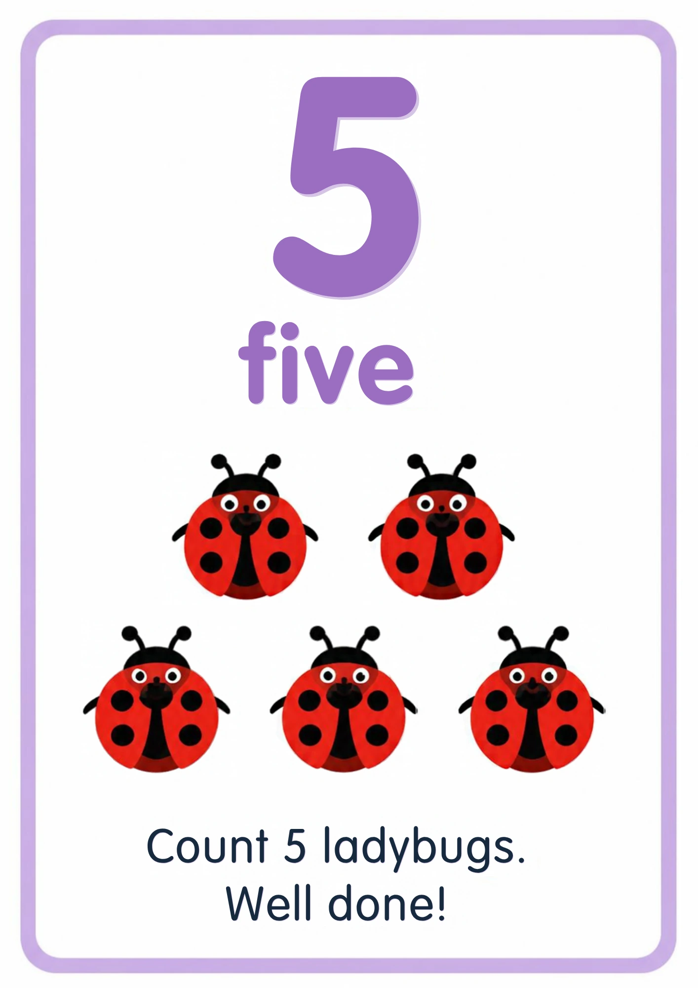 Number flashcard for 5: a big purple numeral 5, the word five and five red ladybugs, from the Kiddo School counting set