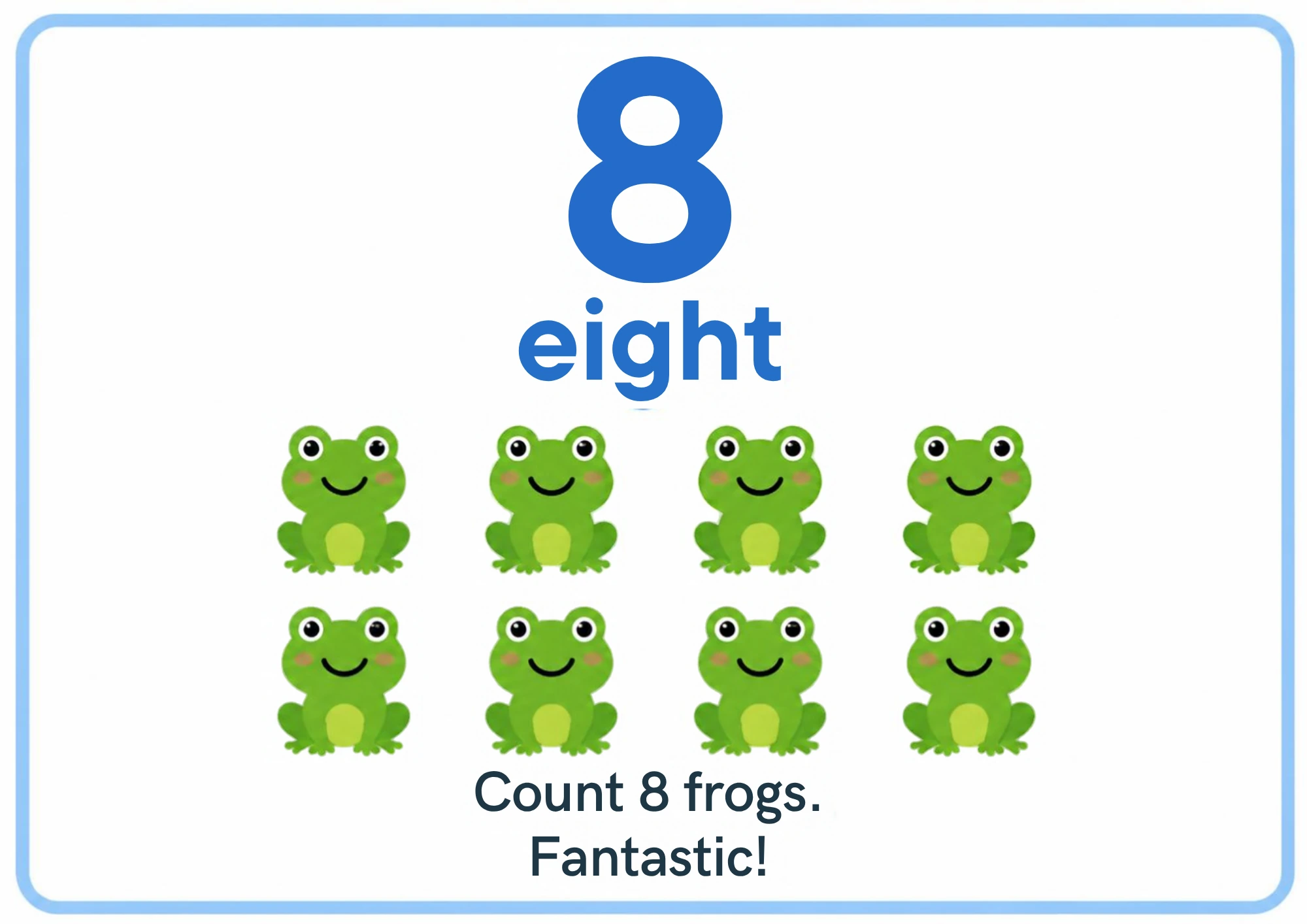 Number flashcard for 8: a big blue numeral 8, the word eight and eight green frogs, from the Kiddo School counting set