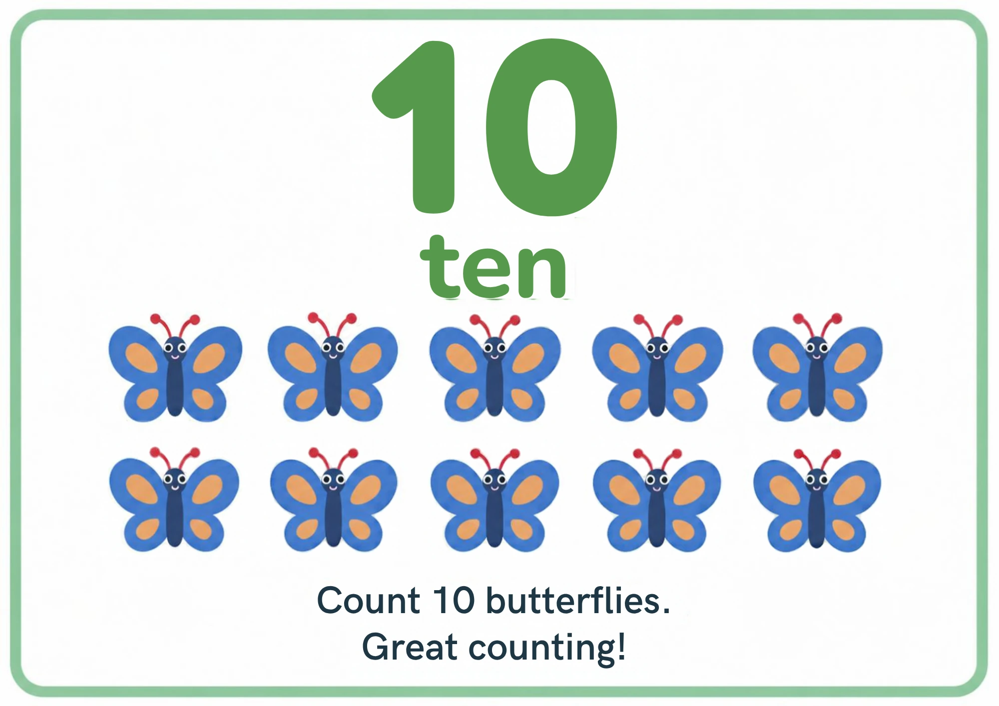 Number flashcard for 10: a big green numeral 10, the word ten and ten blue butterflies in two rows, from the Kiddo School counting set