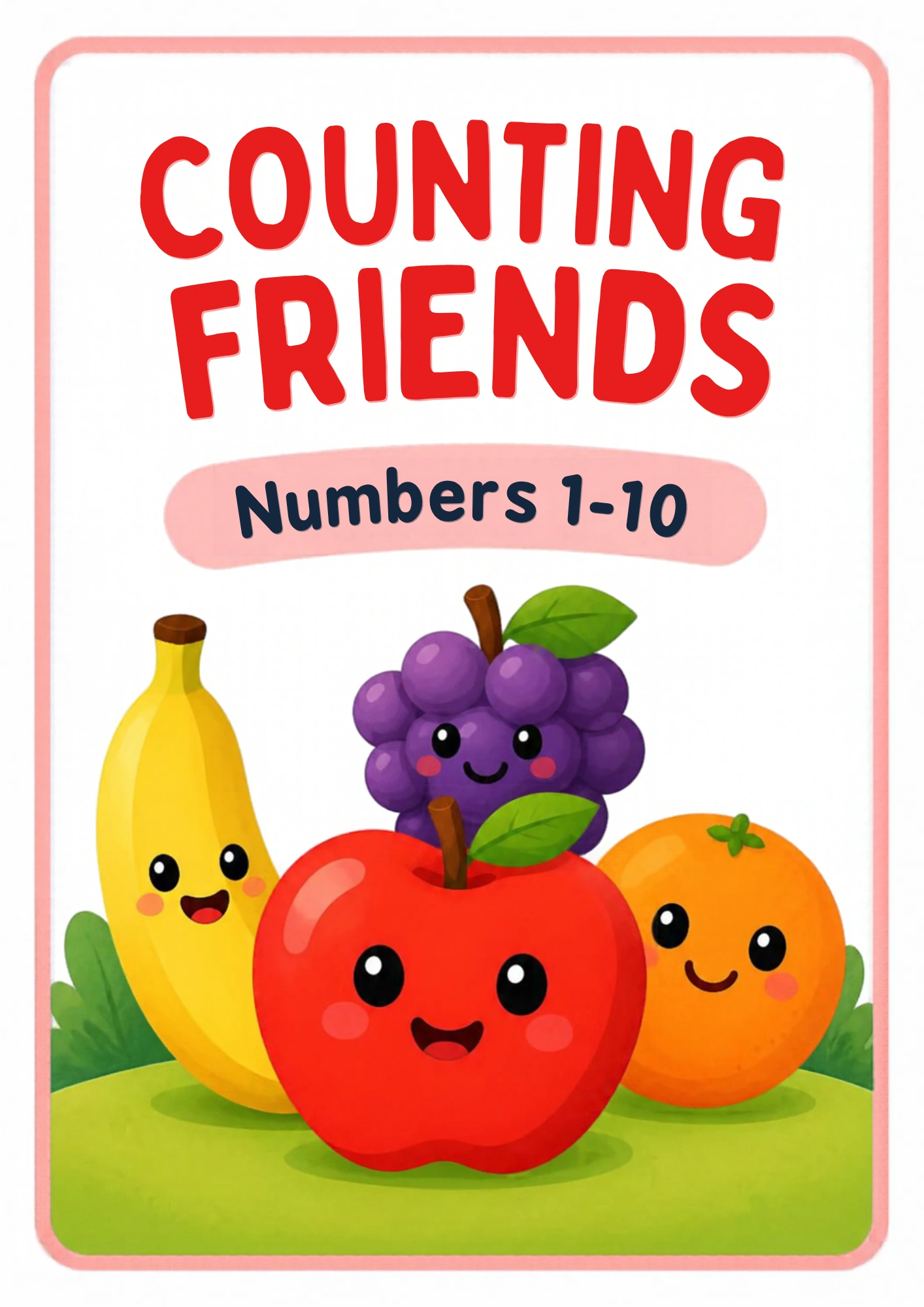 The Counting Friends numbers 1–10 flashcard set cover, with a smiling banana, apple, grapes and orange