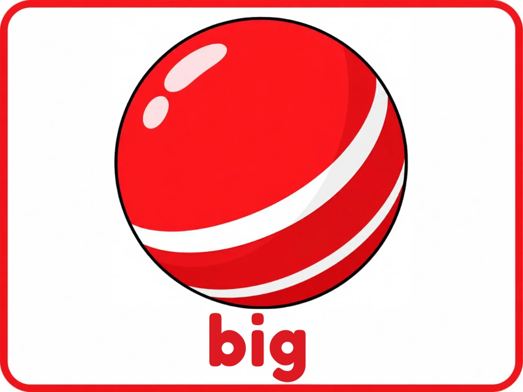 Big ball opposite flashcard: one big striped ball filling most of the card with the words big ball, from the Kiddo School opposites set
