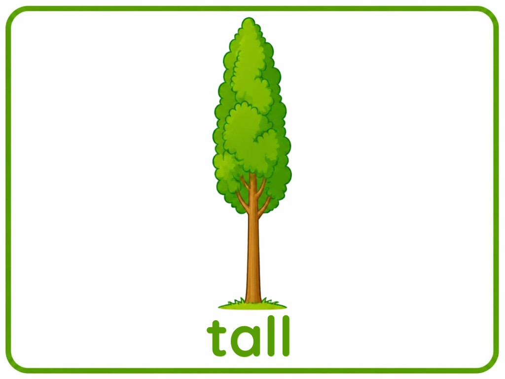 Tall tree opposite flashcard: one tree stretching up to the top of the card with the words tall tree, from the Kiddo School opposites set