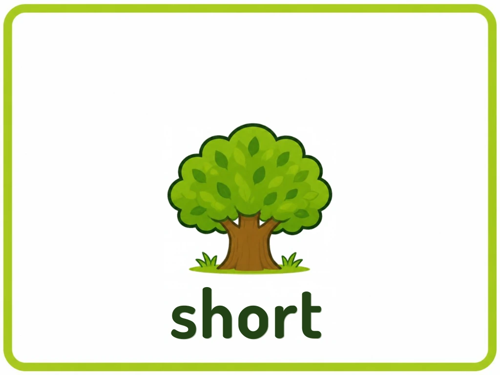 Short tree opposite flashcard: one little tree standing low on the card with the words short tree, from the Kiddo School opposites set