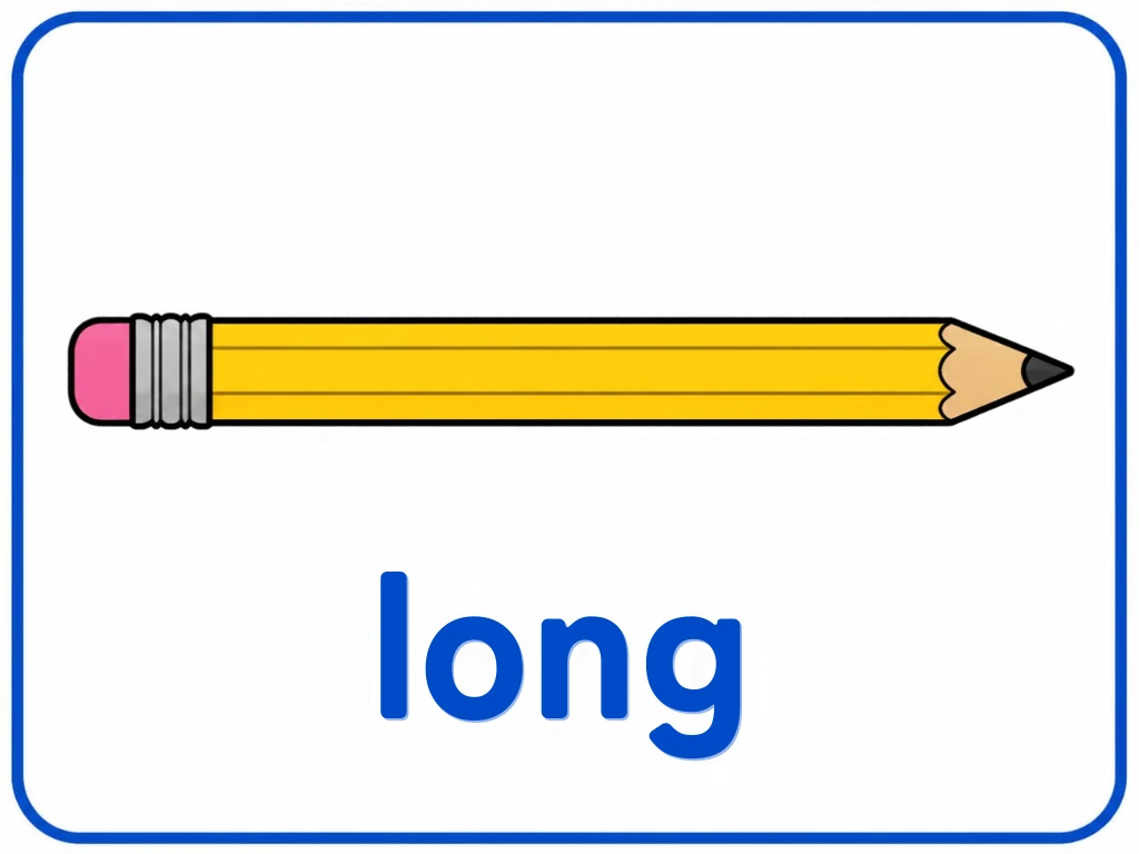 Long pencil opposite flashcard: one yellow pencil stretching across the card with the words long pencil, from the Kiddo School opposites set