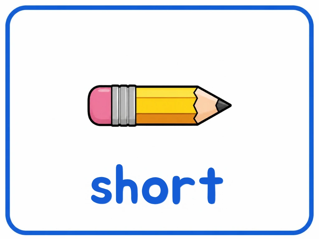 Short pencil opposite flashcard: one little pencil stub with the words short pencil, from the Kiddo School opposites set