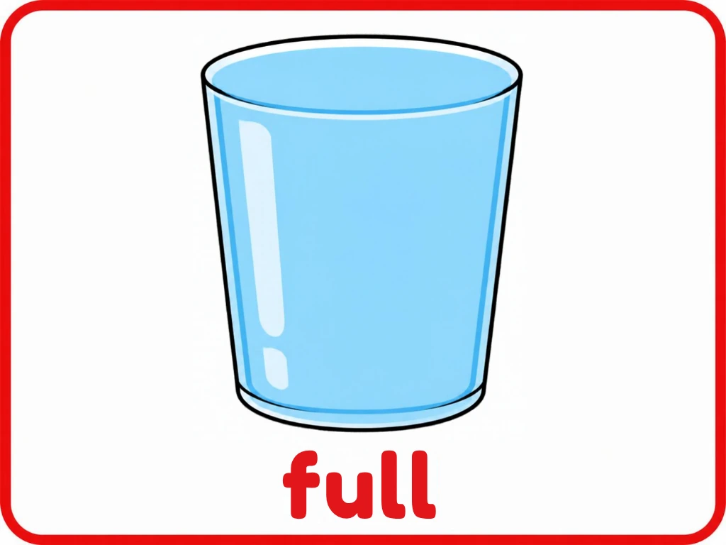 Full glass opposite flashcard: one glass filled right to the top with juice and the words full glass, from the Kiddo School opposites set