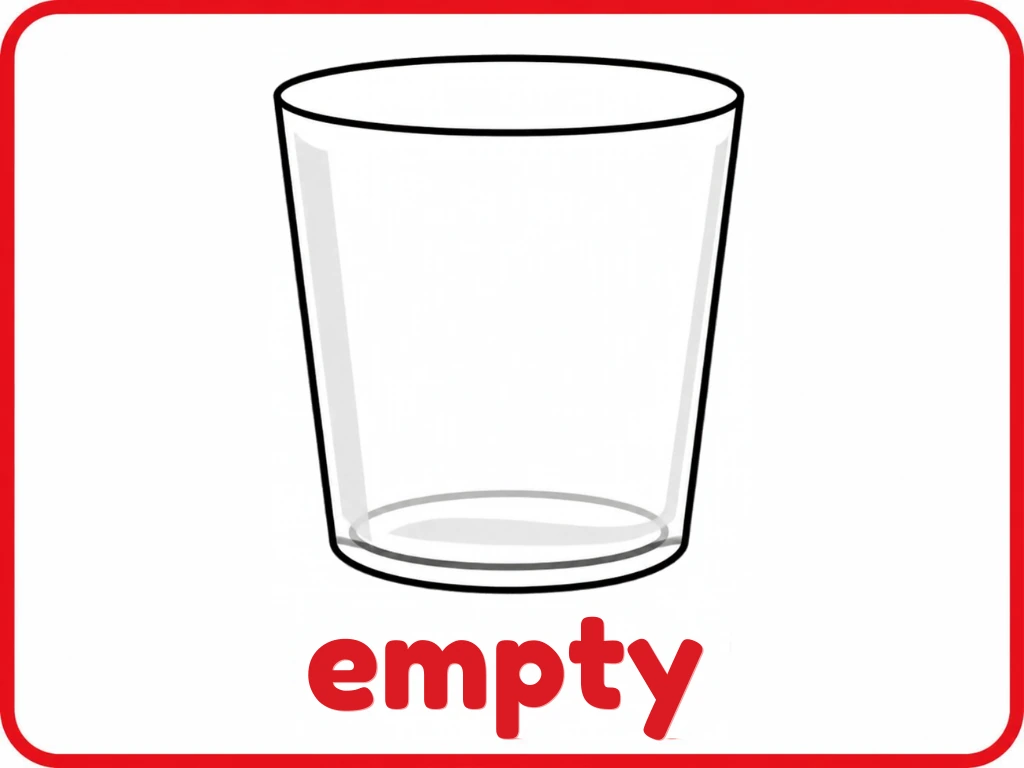 Empty glass opposite flashcard: one glass with every drop gone and the words empty glass, from the Kiddo School opposites set