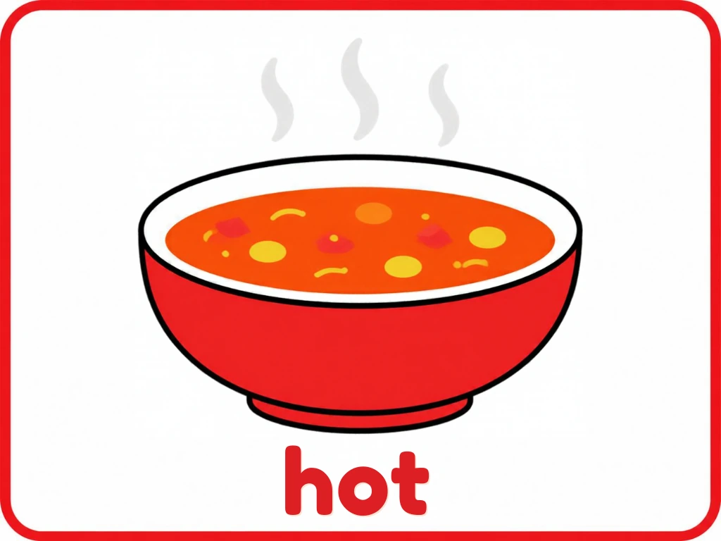 Hot soup opposite flashcard: one steaming bowl of soup with the words hot soup, from the Kiddo School opposites set