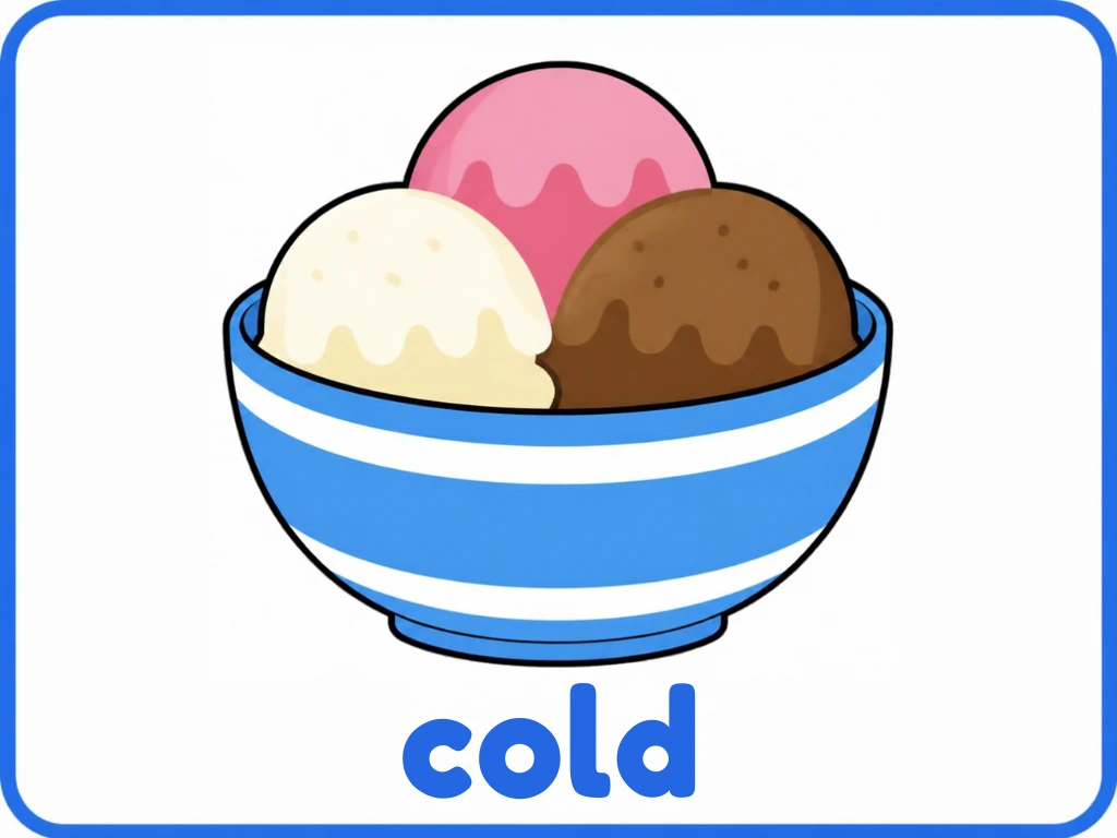 Cold ice cream opposite flashcard: one bowl with three scoops of frosty ice cream and the words cold ice cream, from the Kiddo School opposites set