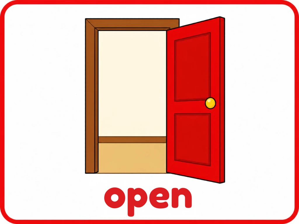 Open door opposite flashcard: one door standing wide open with the words open door, from the Kiddo School opposites set