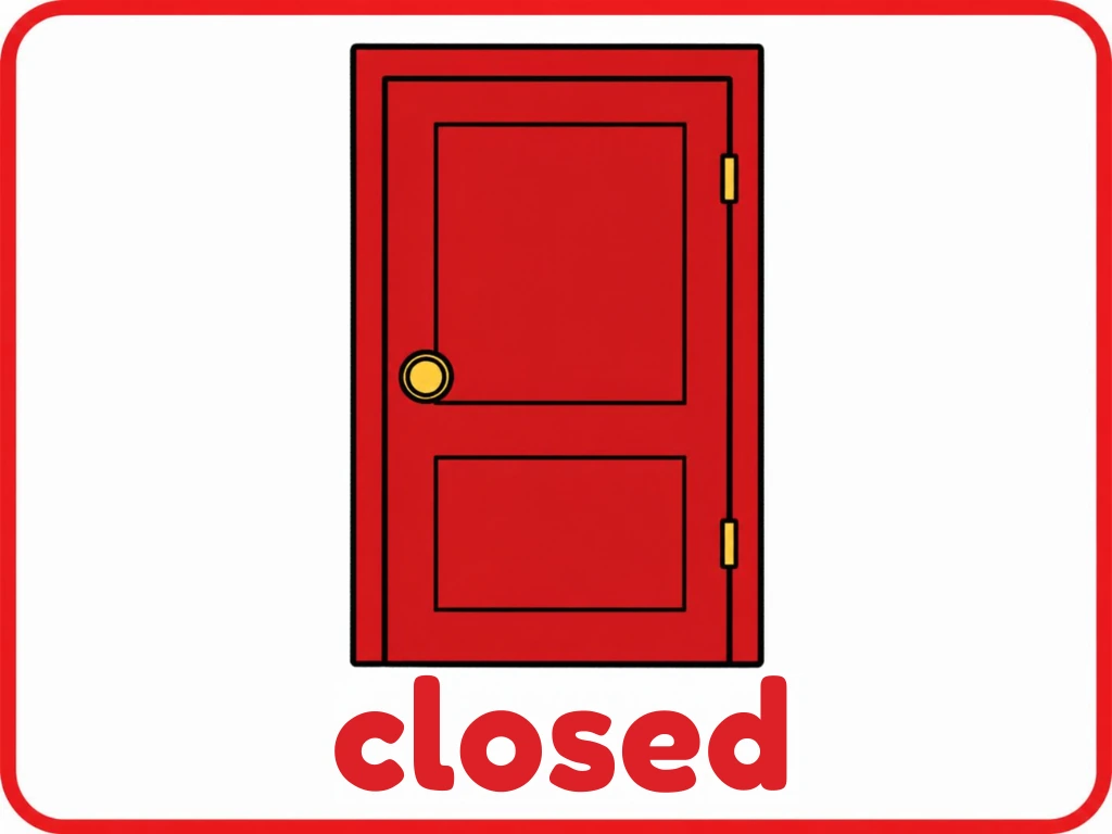 Closed door opposite flashcard: one door shut tight with the words closed door, from the Kiddo School opposites set