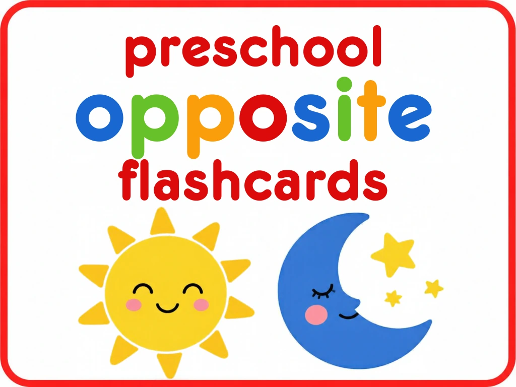 The Opposites flashcard set cover: big and small, tall and short, full and empty cards gathered around the words Opposites