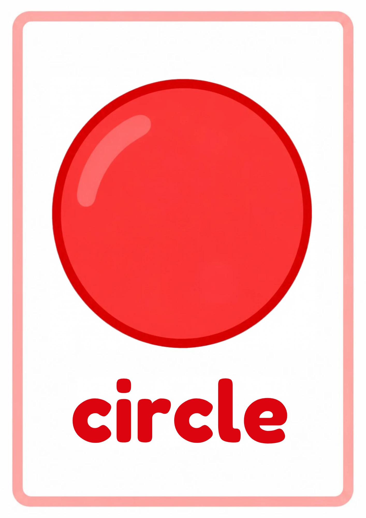 Shape flashcard for circle: one big red circle with a shiny highlight and the word circle, from the Kiddo School shapes set