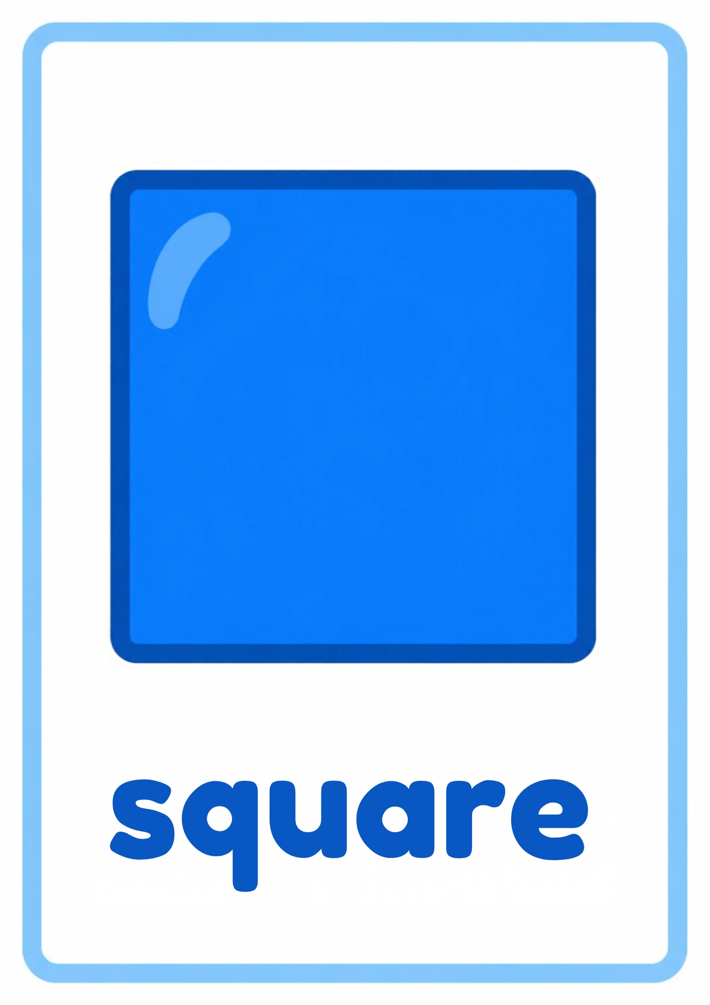 Shape flashcard for square: one big yellow square with a shiny highlight and the word square, from the Kiddo School shapes set
